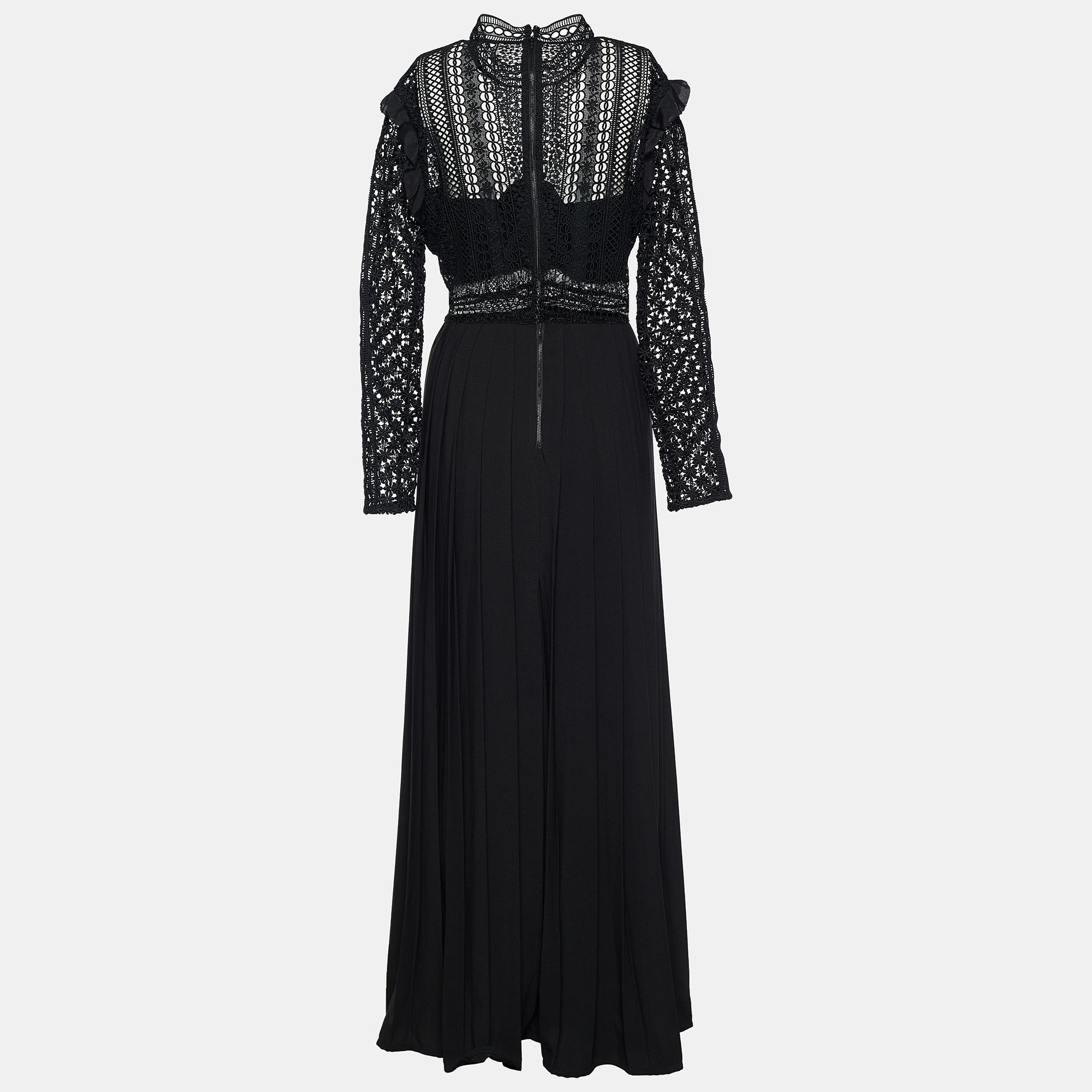 

Self-Portrait Black Guipure Lace & Crepe Pleated Maxi Dress