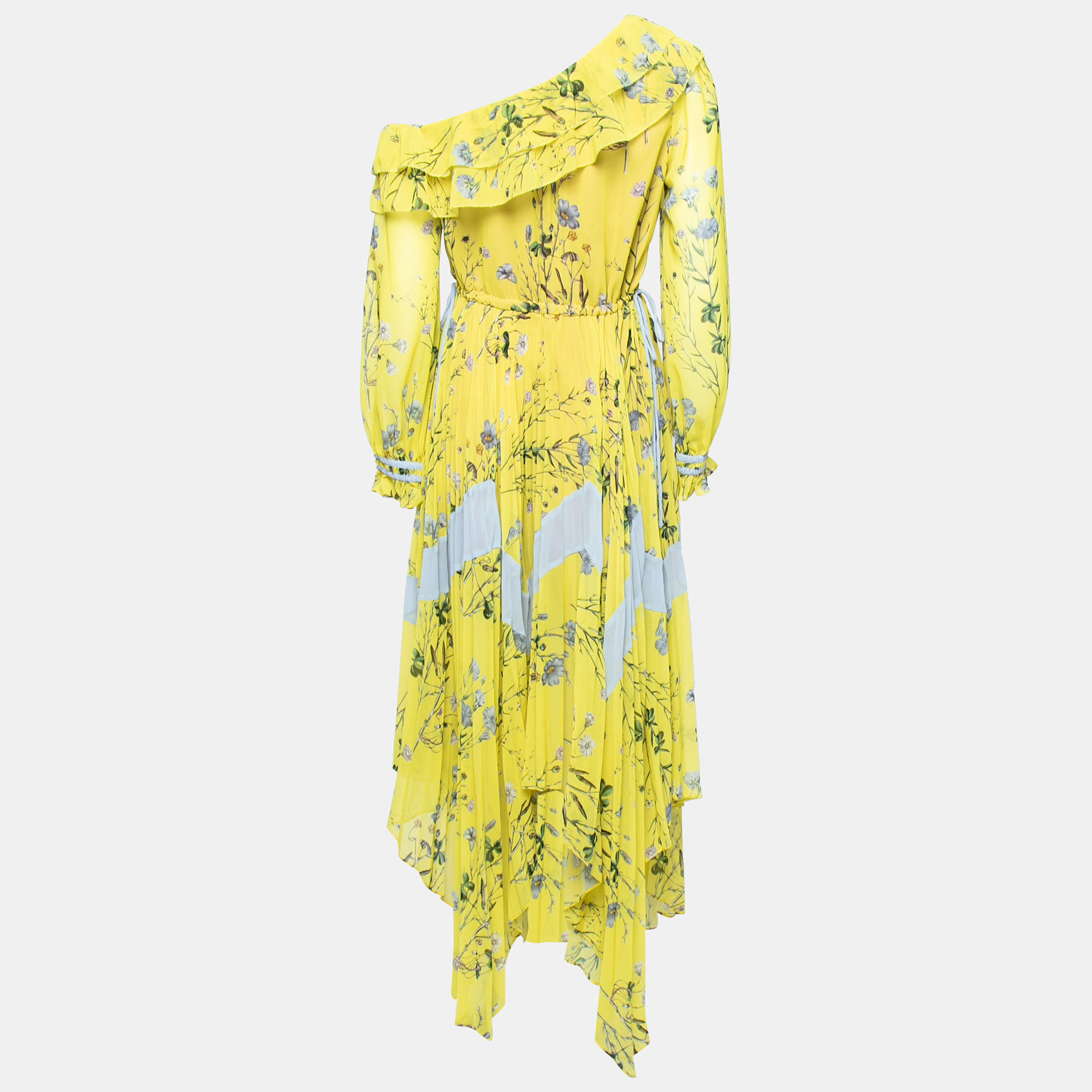 

Self-Portrait Yellow Floral Printed Crepe Plisse One-Shoulder Dress