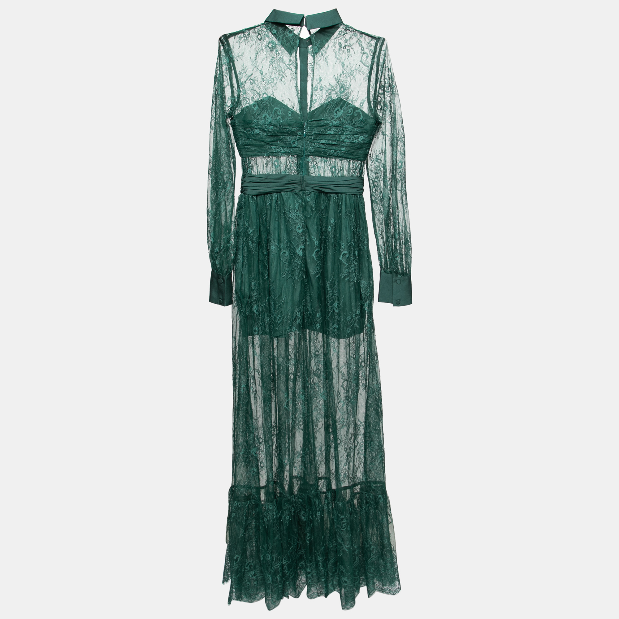 

Self-Portrait Green Floral Lace Gathered Detailed Maxi Dress