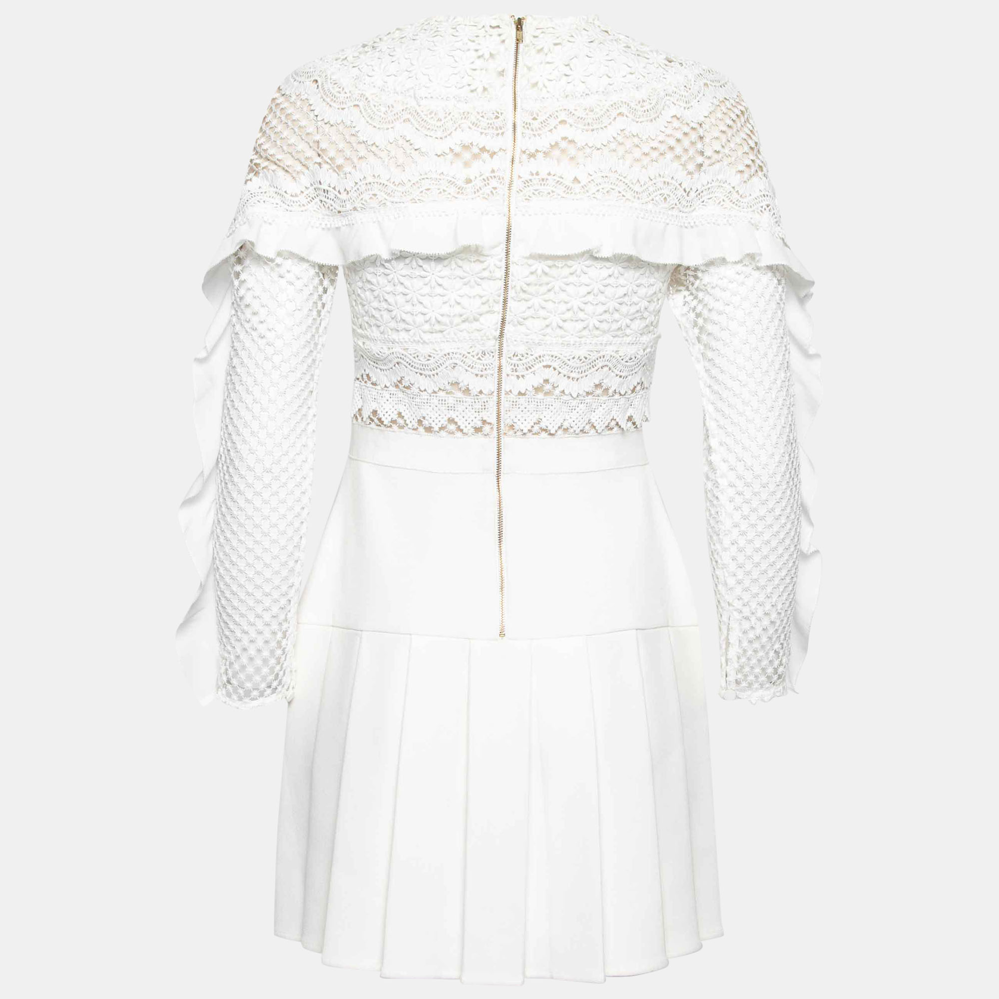 

Self Portrait White Crepe and Lace Ruffle Trim Detailed Pleated Dress