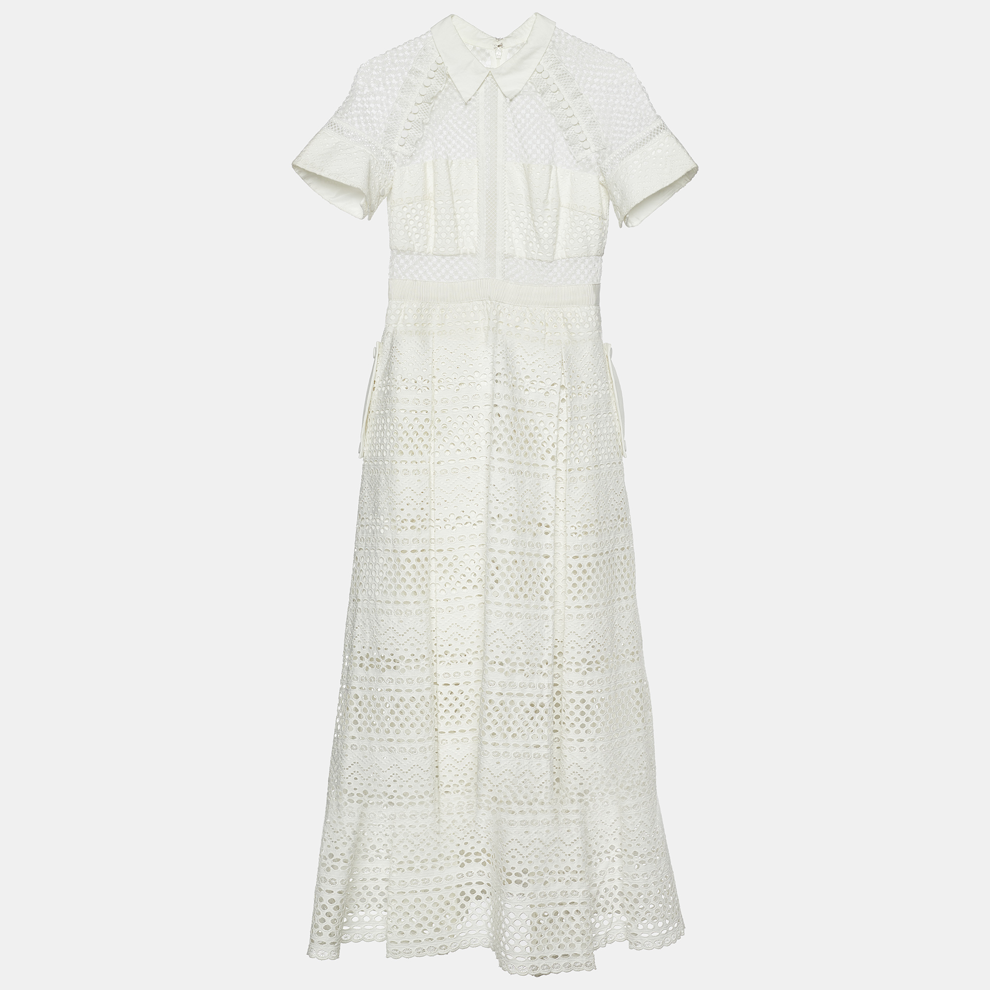 Pre-owned Self-portrait White Broderie Anglaise Cotton Midi Dress M ...