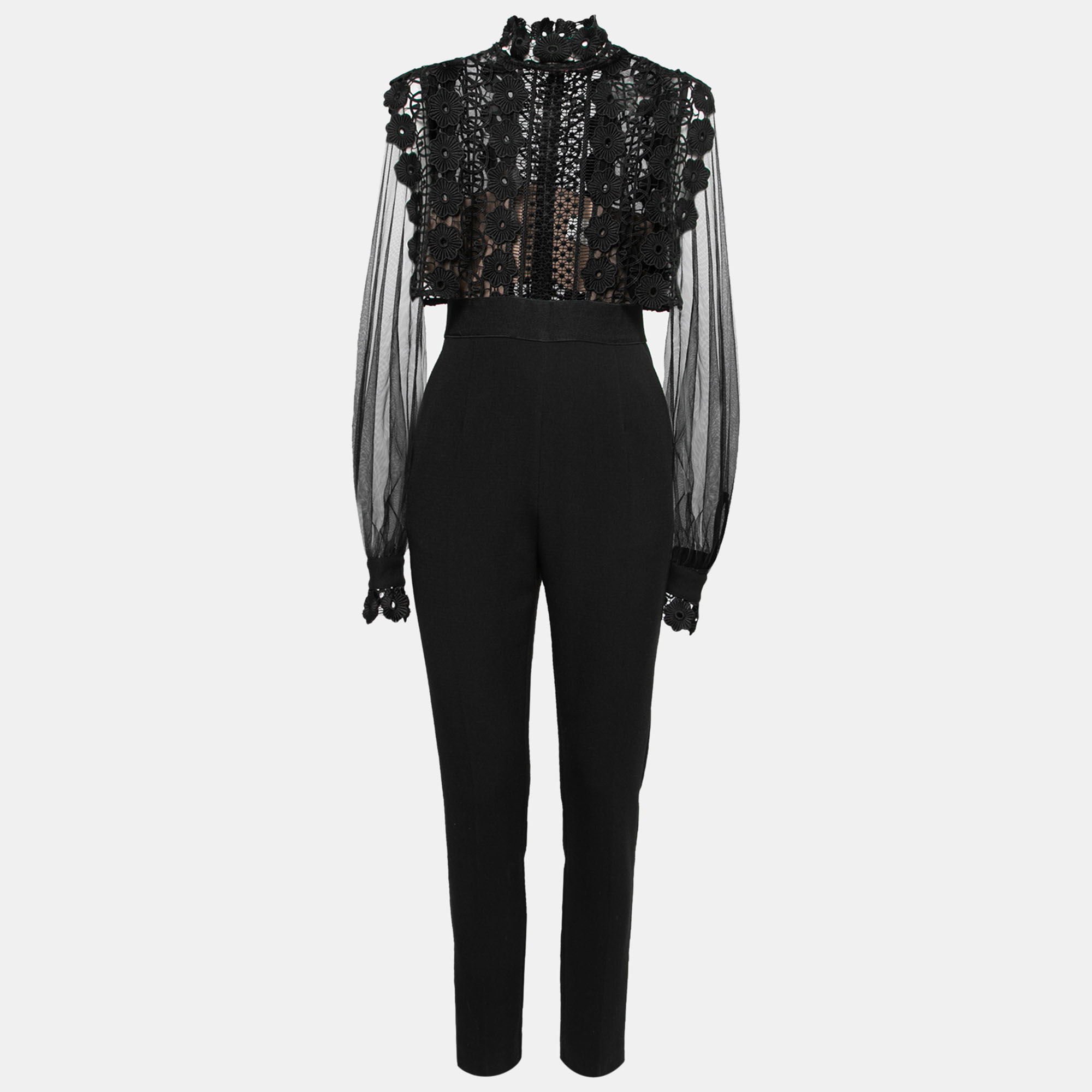 Pre Owned Self-Portrait Black Guipure Lace & Cotton Jumpsuit M