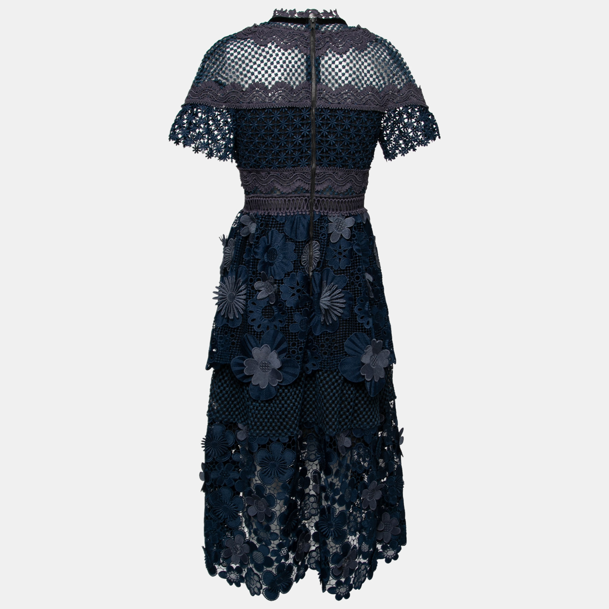 

Self-Portrait Navy Blue Floral Lace & Mesh Midi Dress
