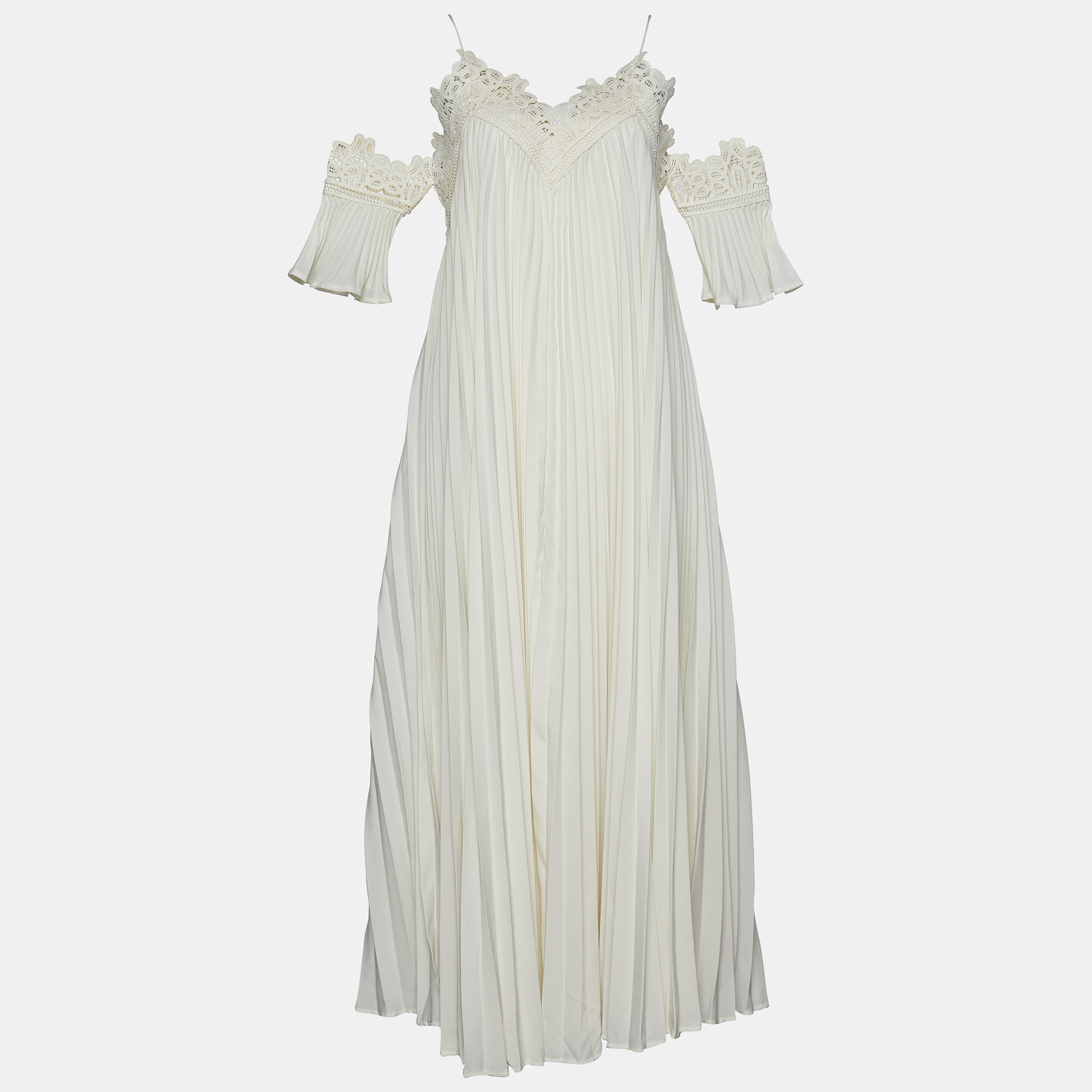 

Self-Portrait White Crepe Pleated Lace Trim Off-Shoulder Dress