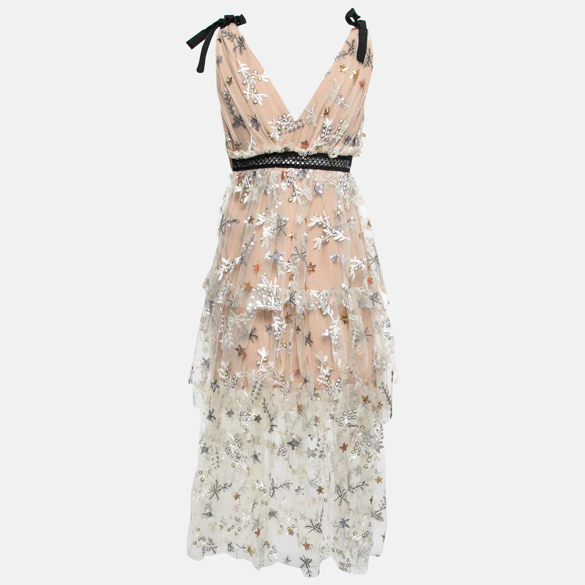 

Self-Portrait Beige Sequin Embroidered Tulle Tiered Midi Dress