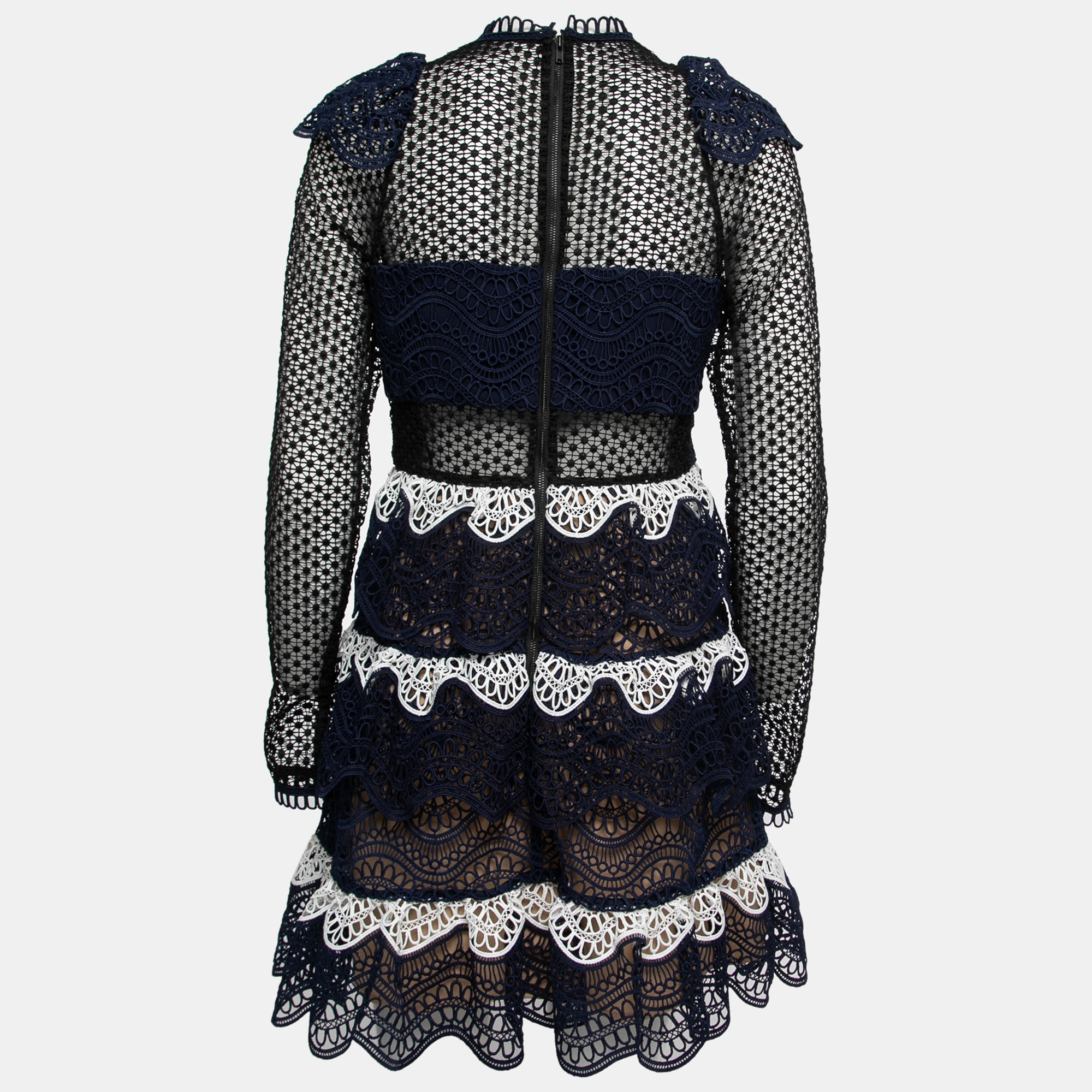 

Self-Portrait Blue & Black Lace Ruffled Flared Mini Dress