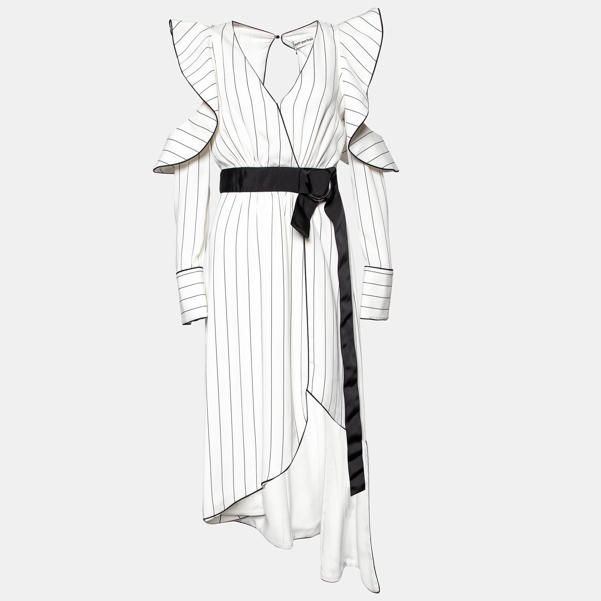 Pre-owned Self-portrait White Striped Crepe Ruffled Belted Midi Dress S