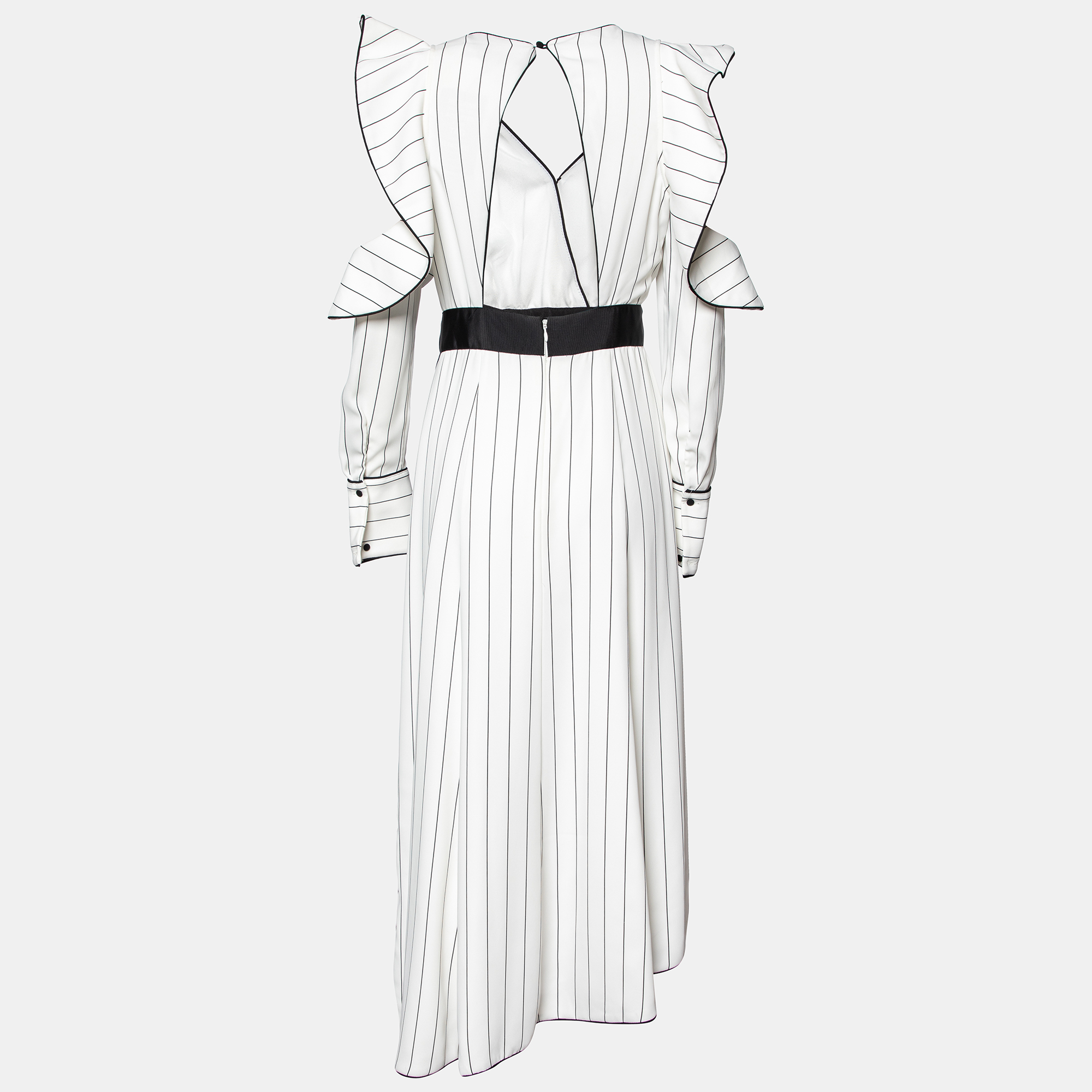 

Self-Portrait White Striped Crepe Ruffled Belted Midi Dress