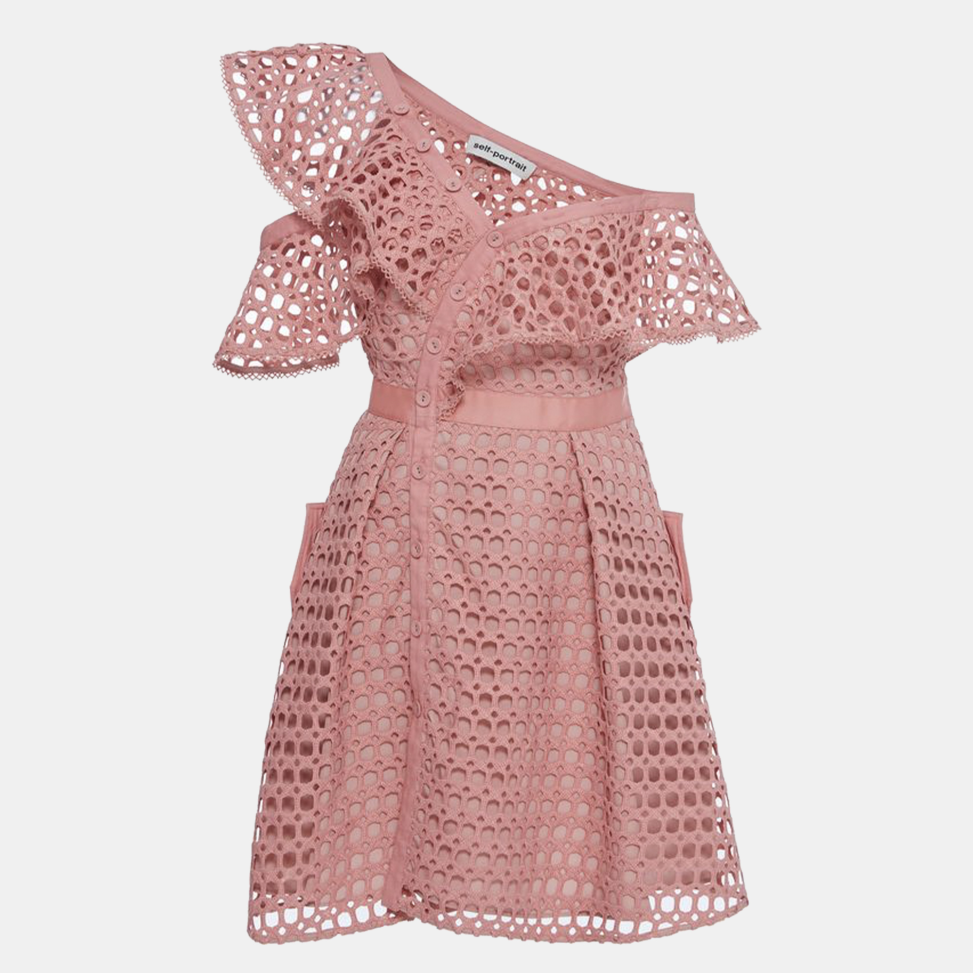 Pre Owned Self-Portrait Pink Guipure Ruffle One Shoulder Mini Dress S