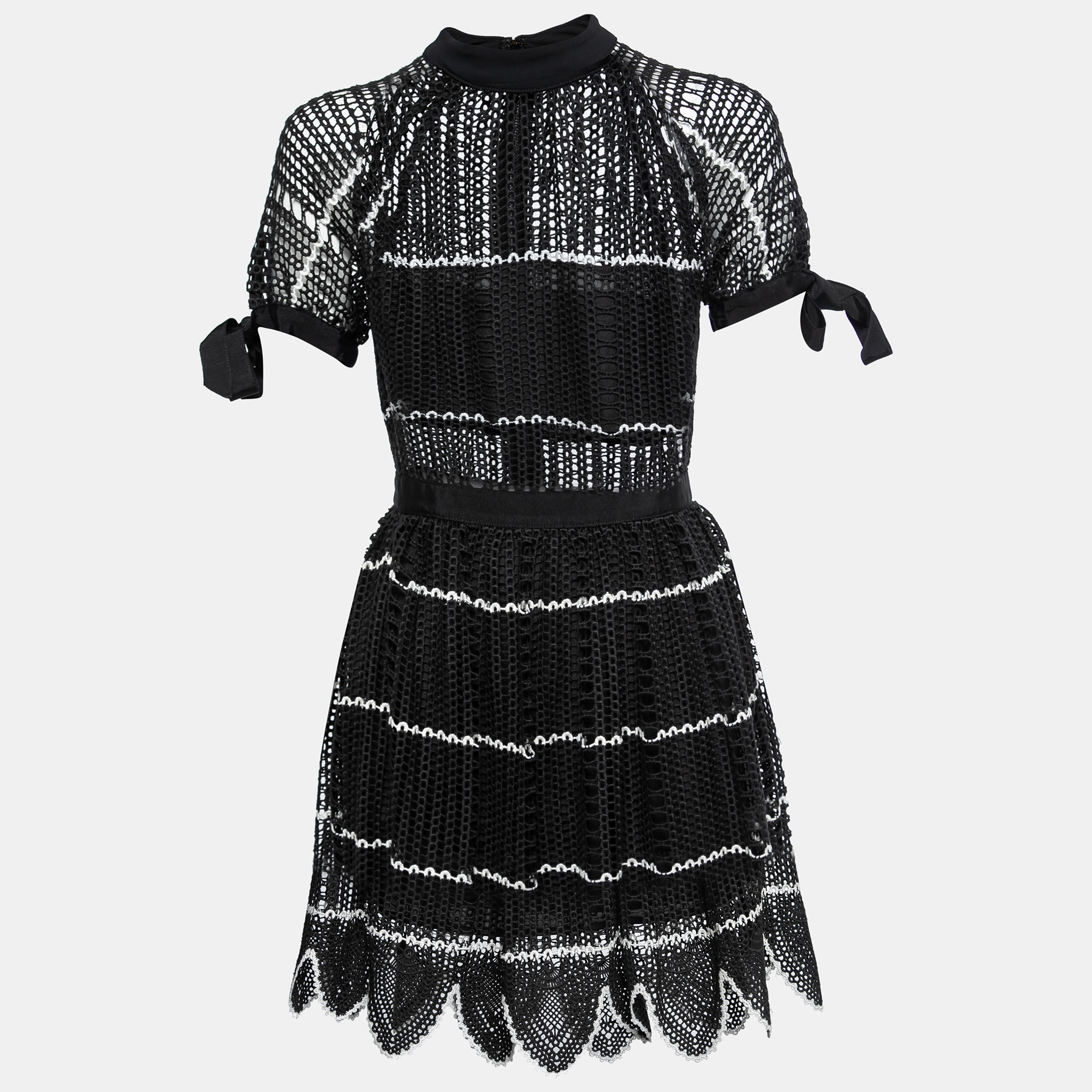 Pre Owned Self-Portrait Black Crochet Lace Scalloped Hem Mini Dress S