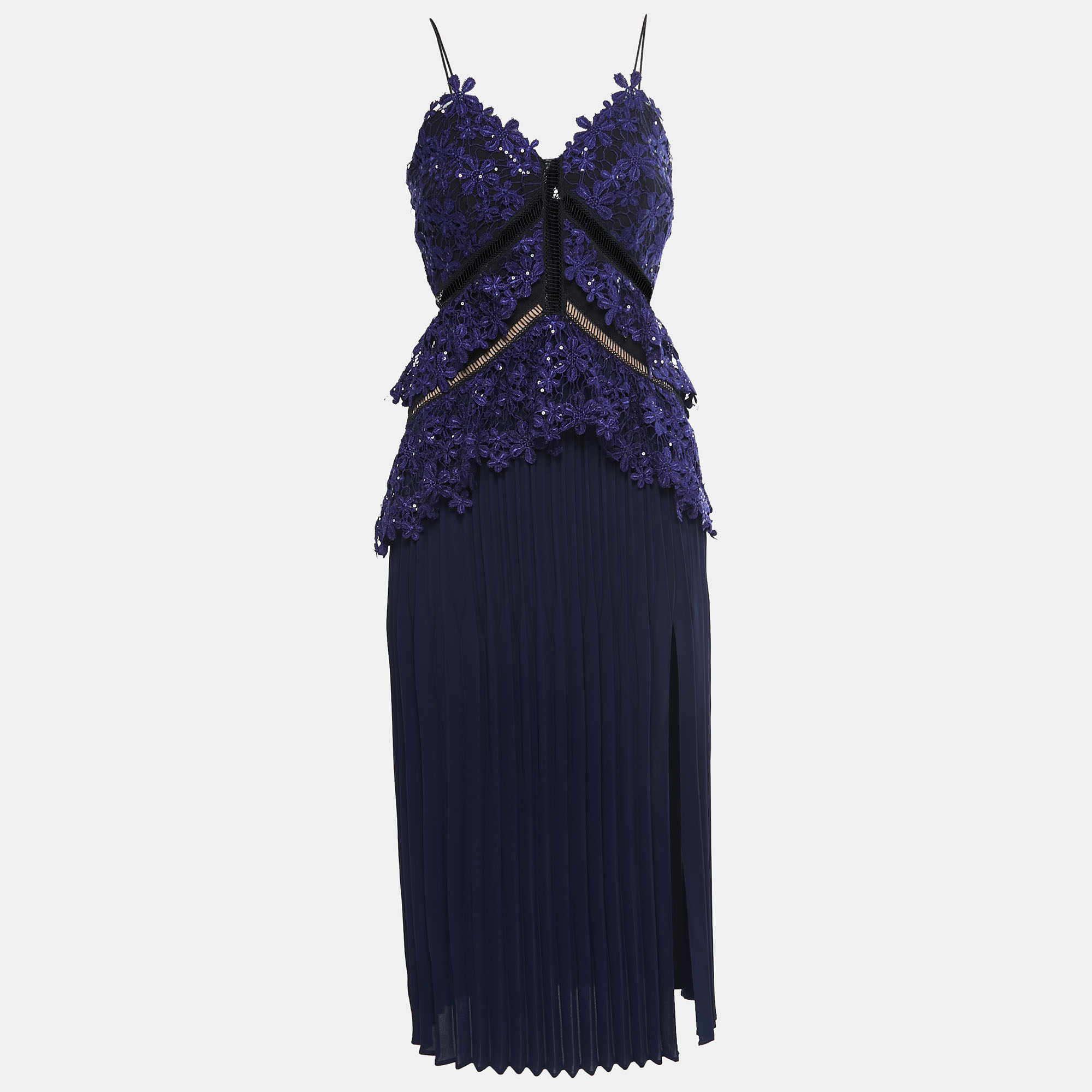 Self-Portrait Blue Guipure Lace Pleated Midi dress S
