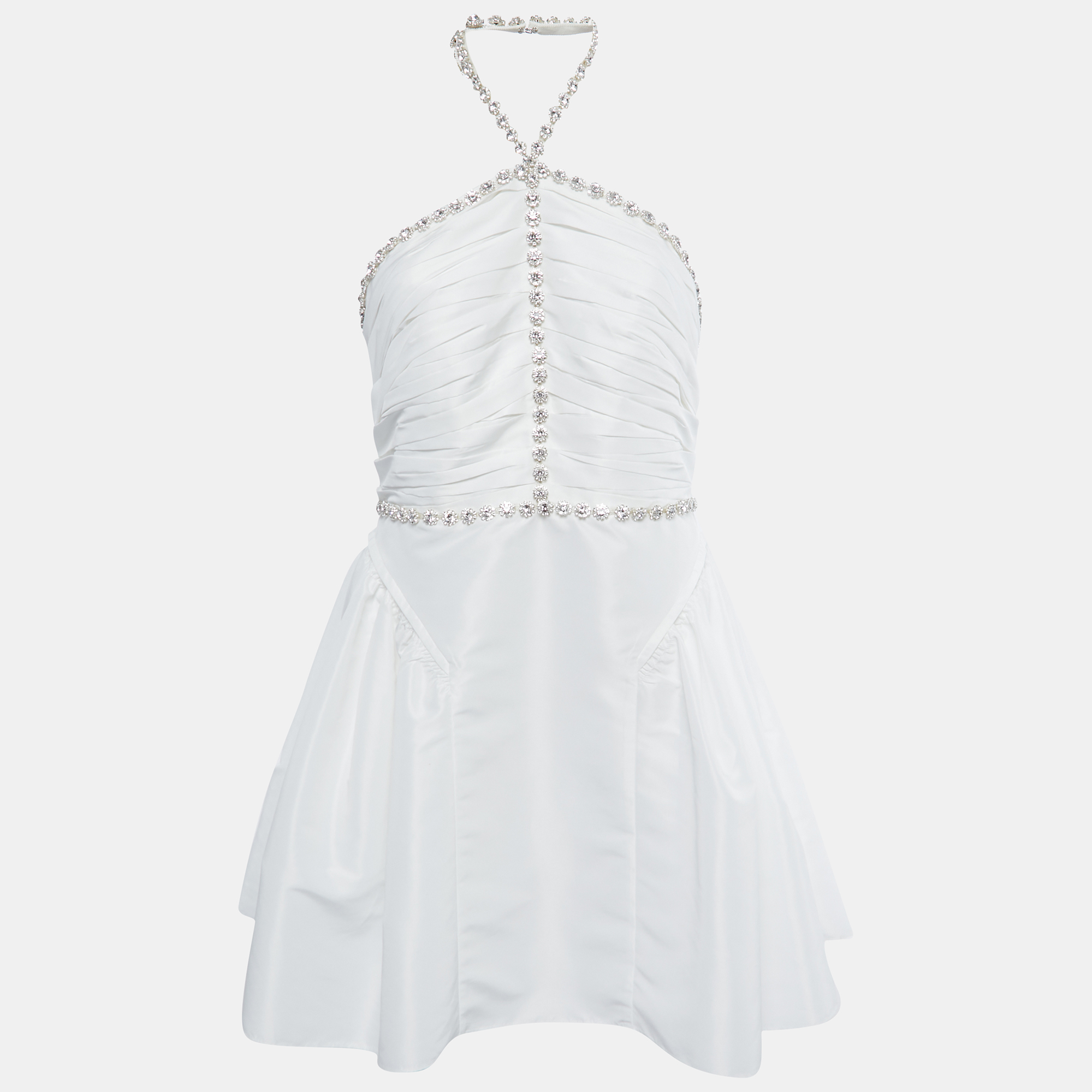 SELF-PORTRAIT Pre-owned White Taffeta Rhinestone Embellished Mini Dress M