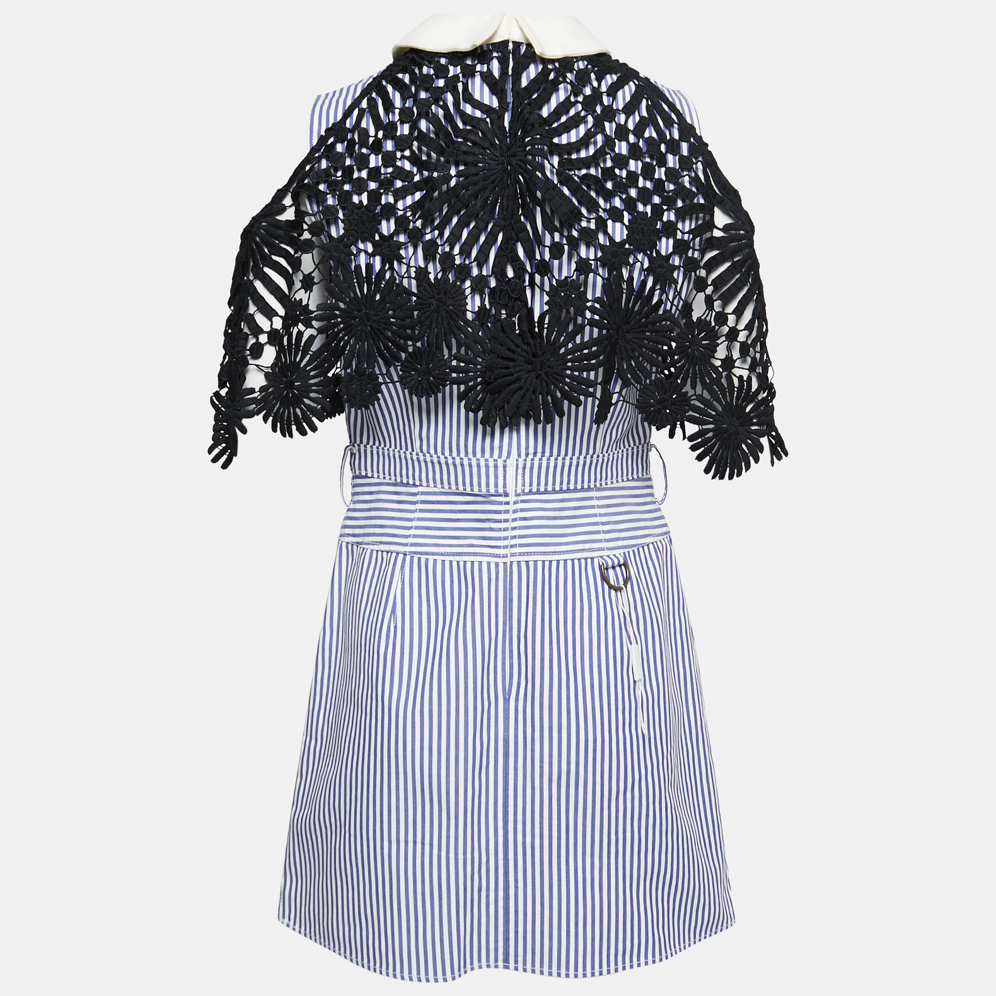 

Self-Portrait Blue Striped Cotton Lace Overlay Mini Dress