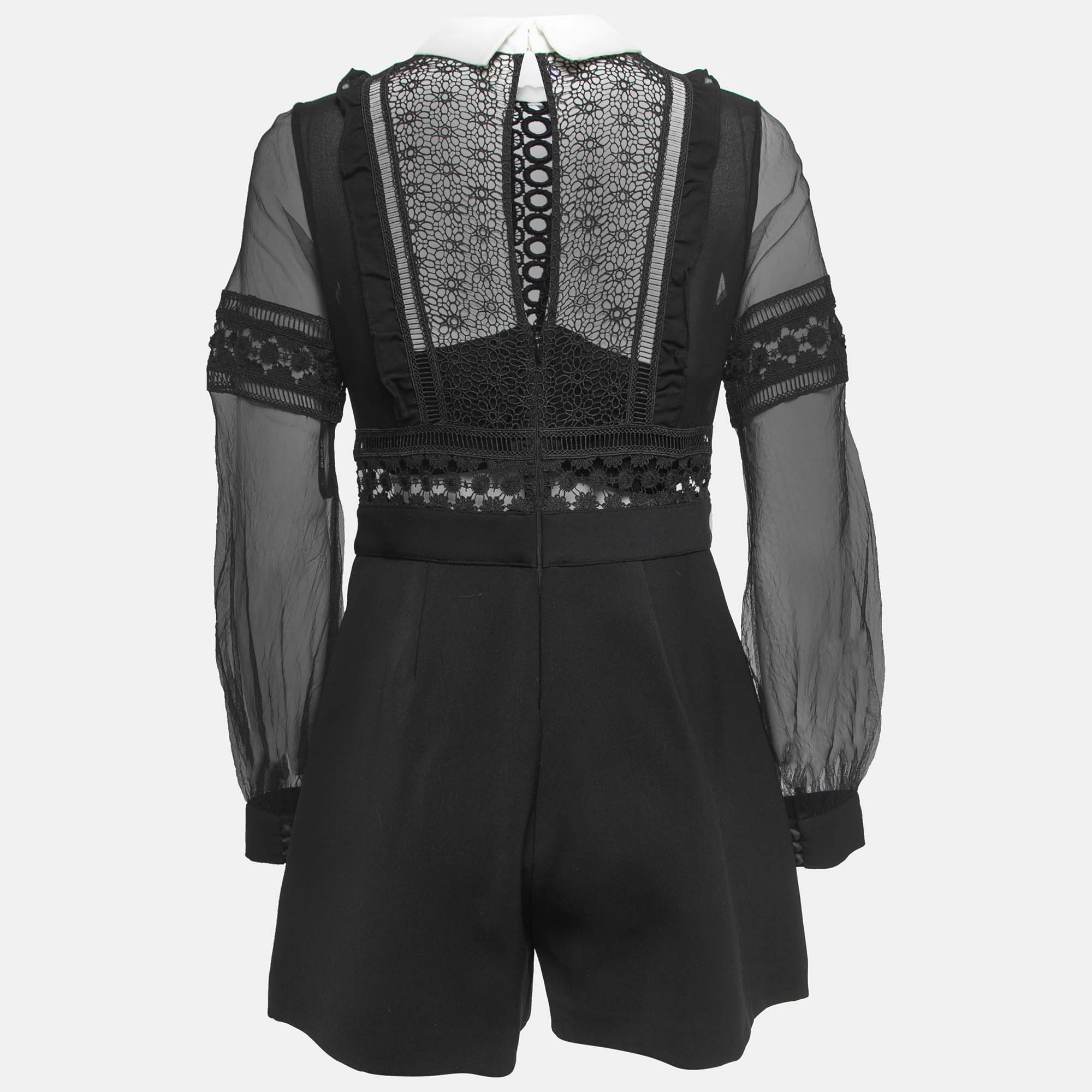 

Self-Portrait Black Crepe Lace Trimmed Full Sleeve Playsuit