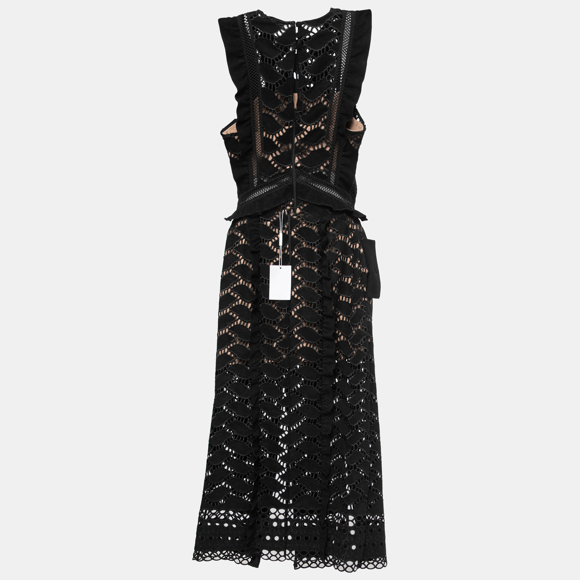 

Self-Portrait Black Suede & Lace Cutwork Slit Midi Dress