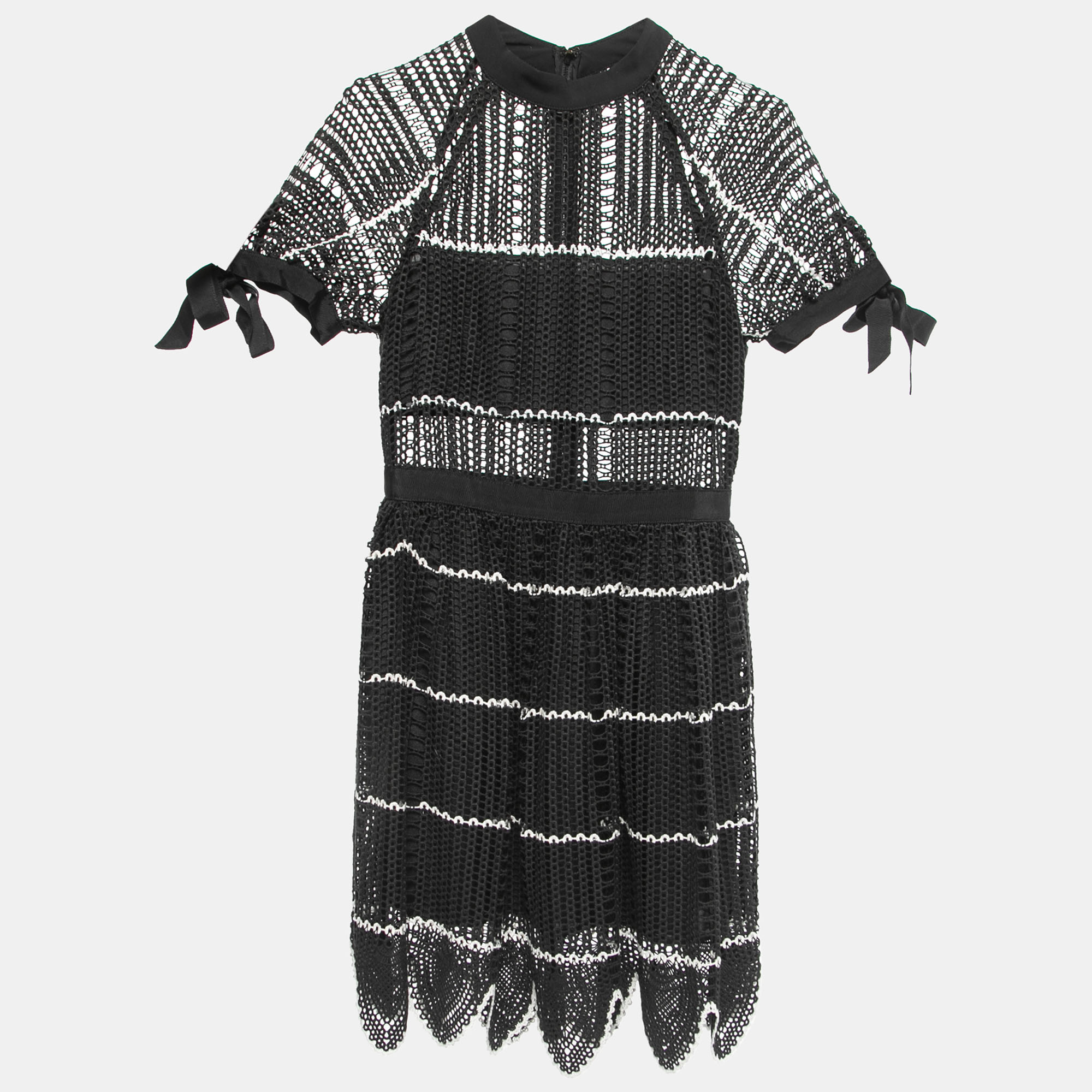 Pre-owned Self-portrait Black Crochet Overlay Short Sleeve Mini Dress S