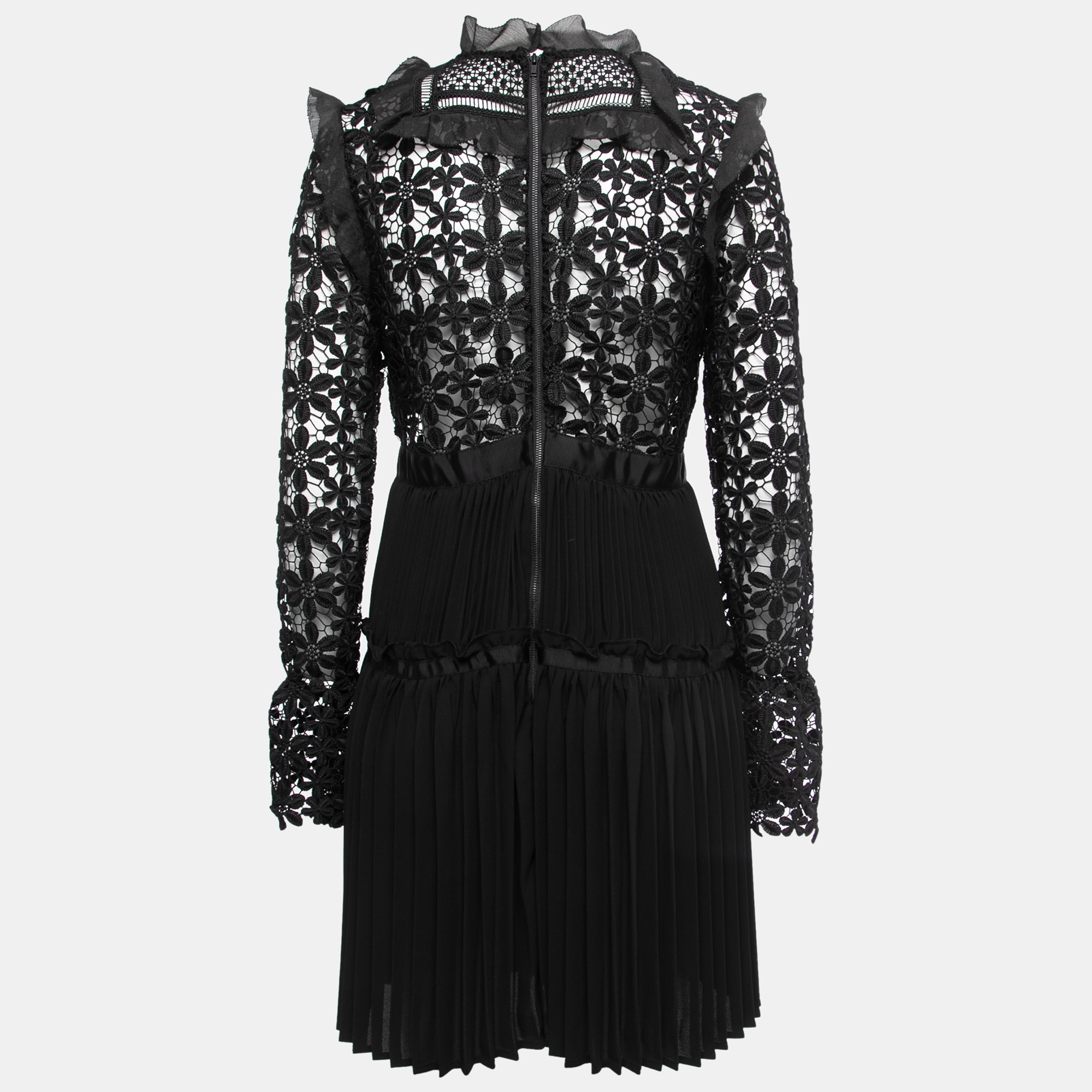 

Self-Portrait Black Guipure Lace & Organza Trim Pleated Adeline Dress