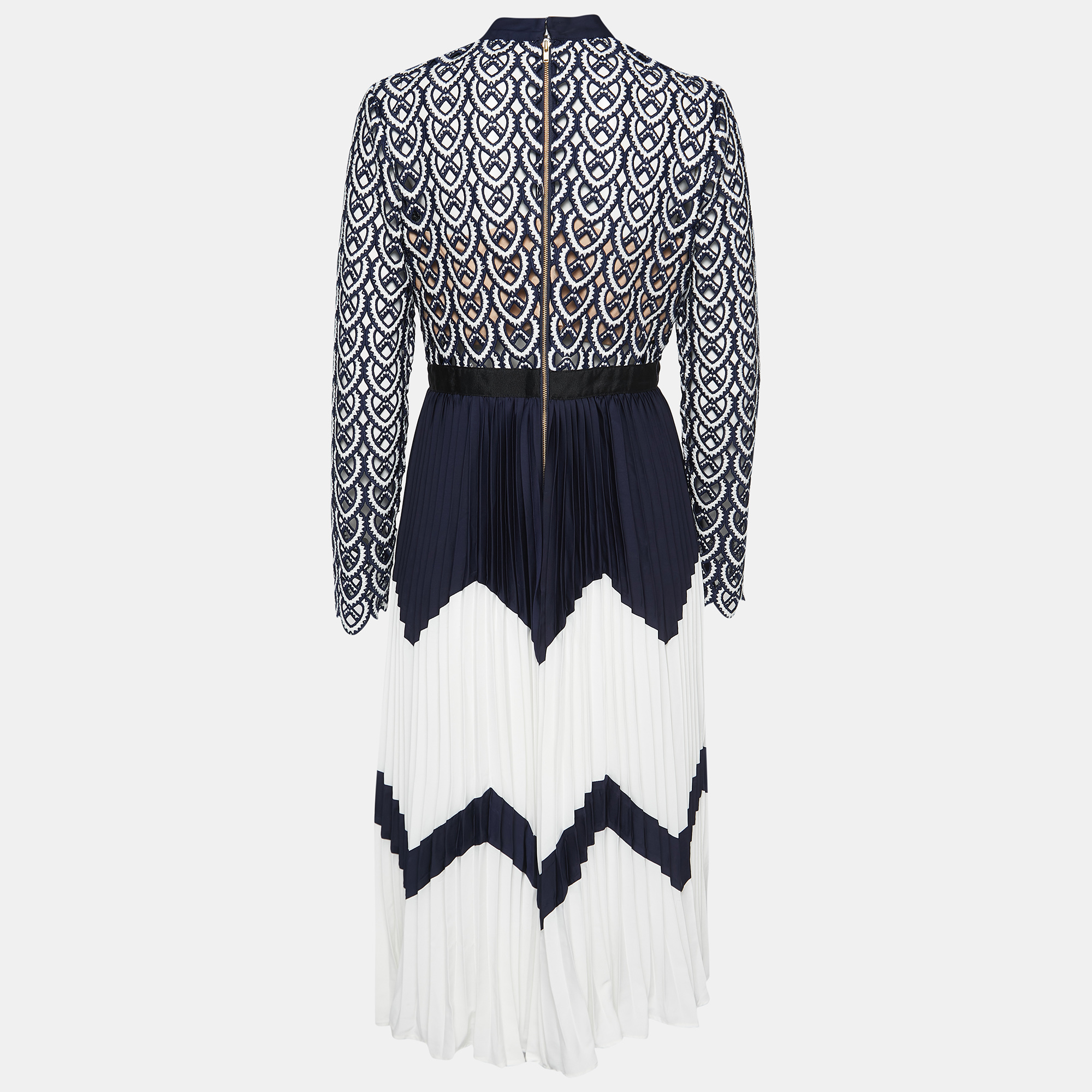 

Self-Portrait Navy Blue & White Lace & Pleated Chiffon Midi Dress