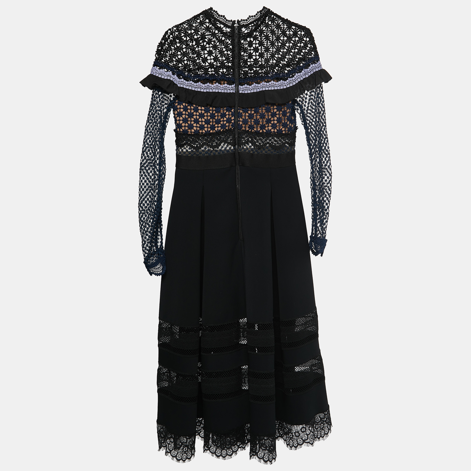 

Self-Portrait Black Guipure Lace & Crepe Long Sleeve Midi Dress