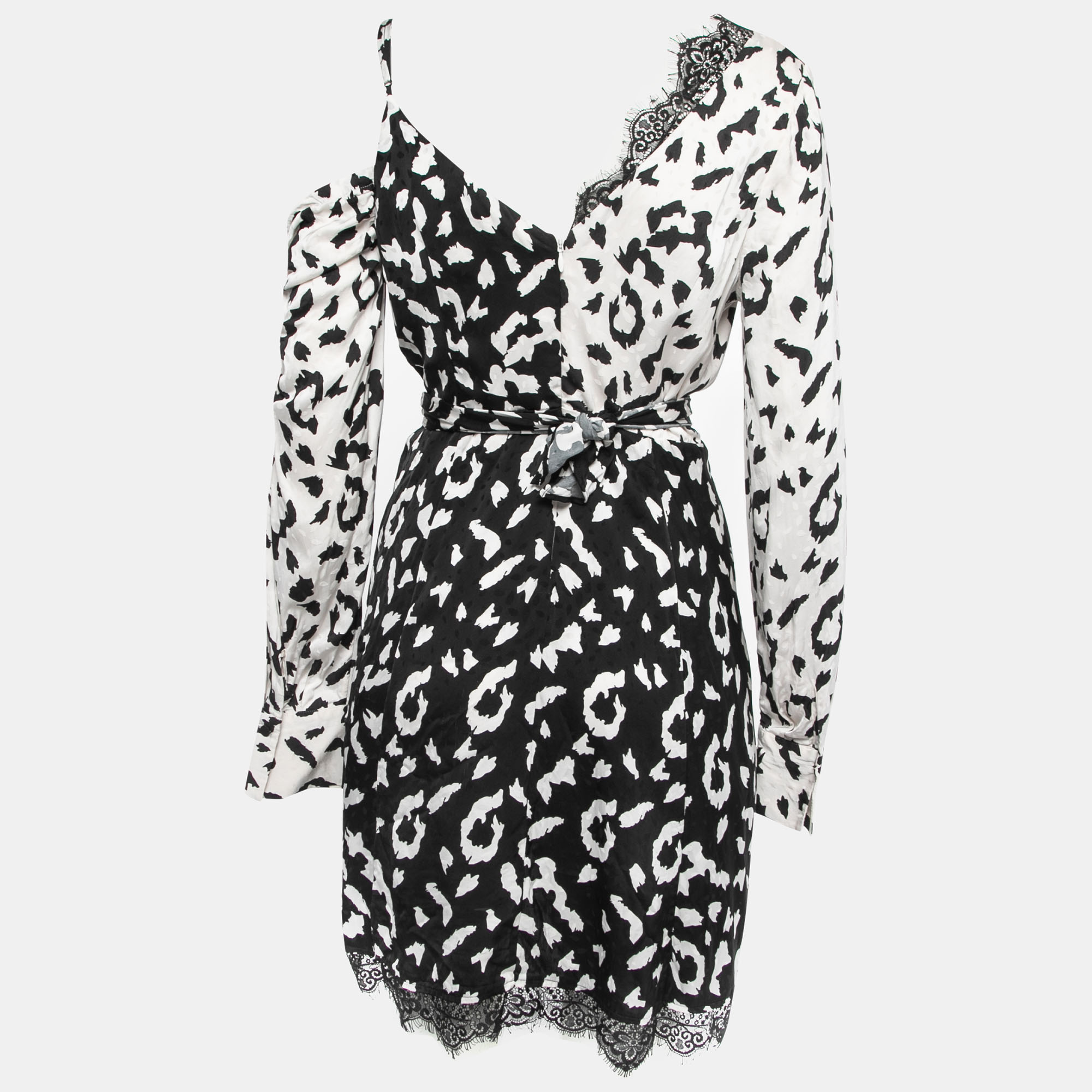 

Self-Portrait Black-White Leopard Print Crepe De Chine Lace Trim Wrap Dress