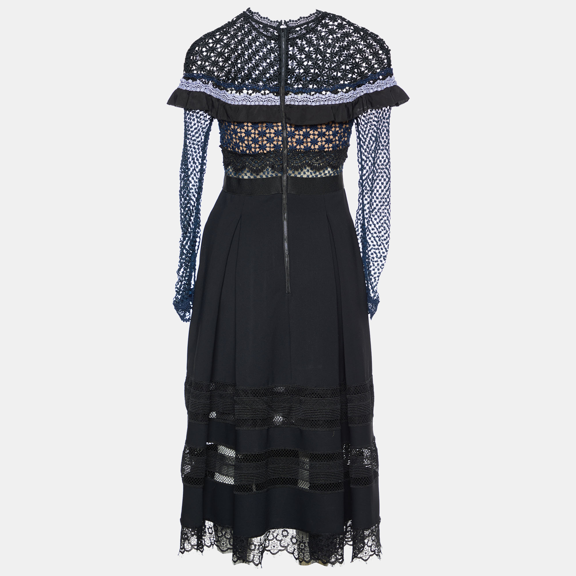 

Self-Portrait Black Crepe & Lace Trim Midi Dress