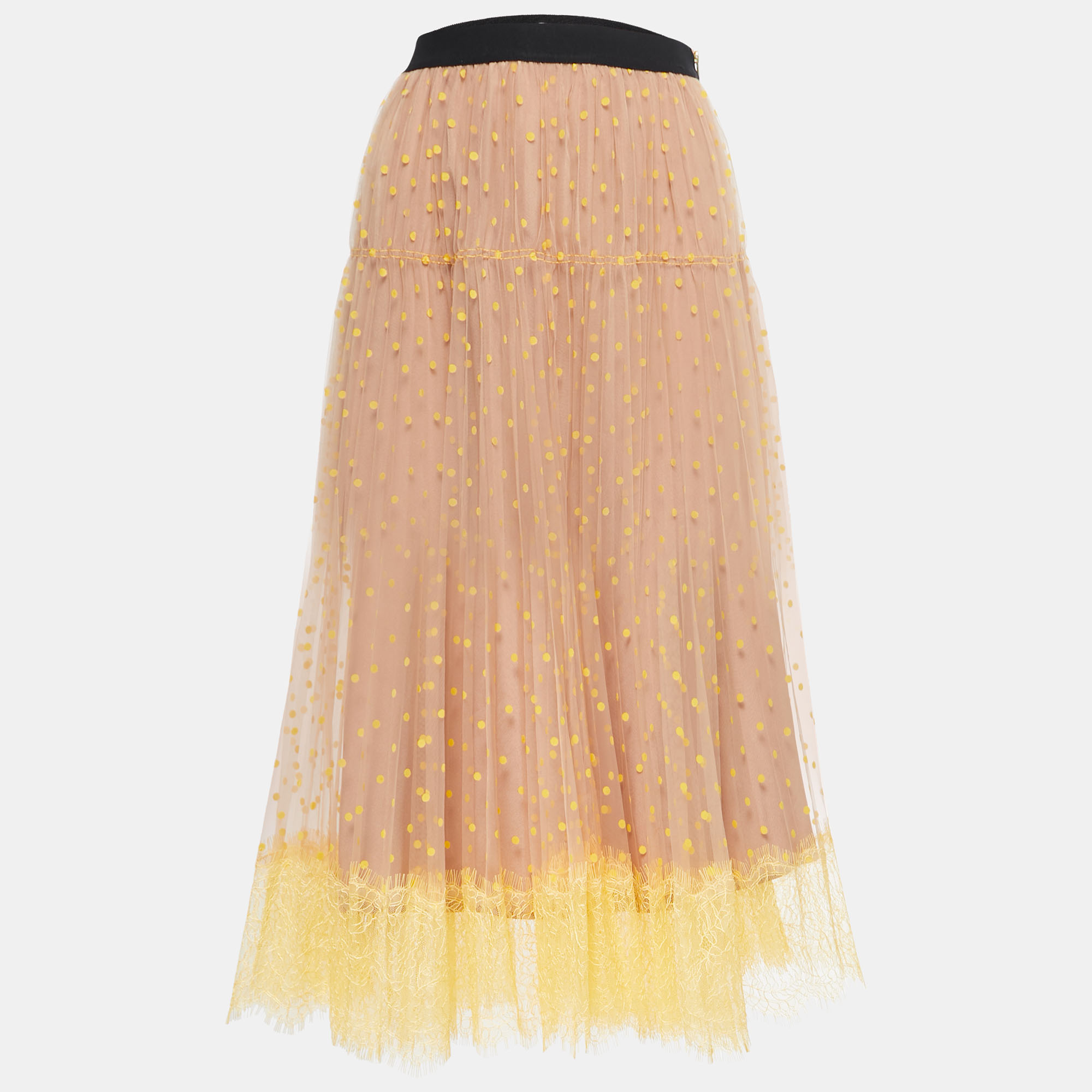 

Self-Portrait Beige/Yellow Dotted Tulle Lace Trimmed Elasticized Waist Midi Skirt