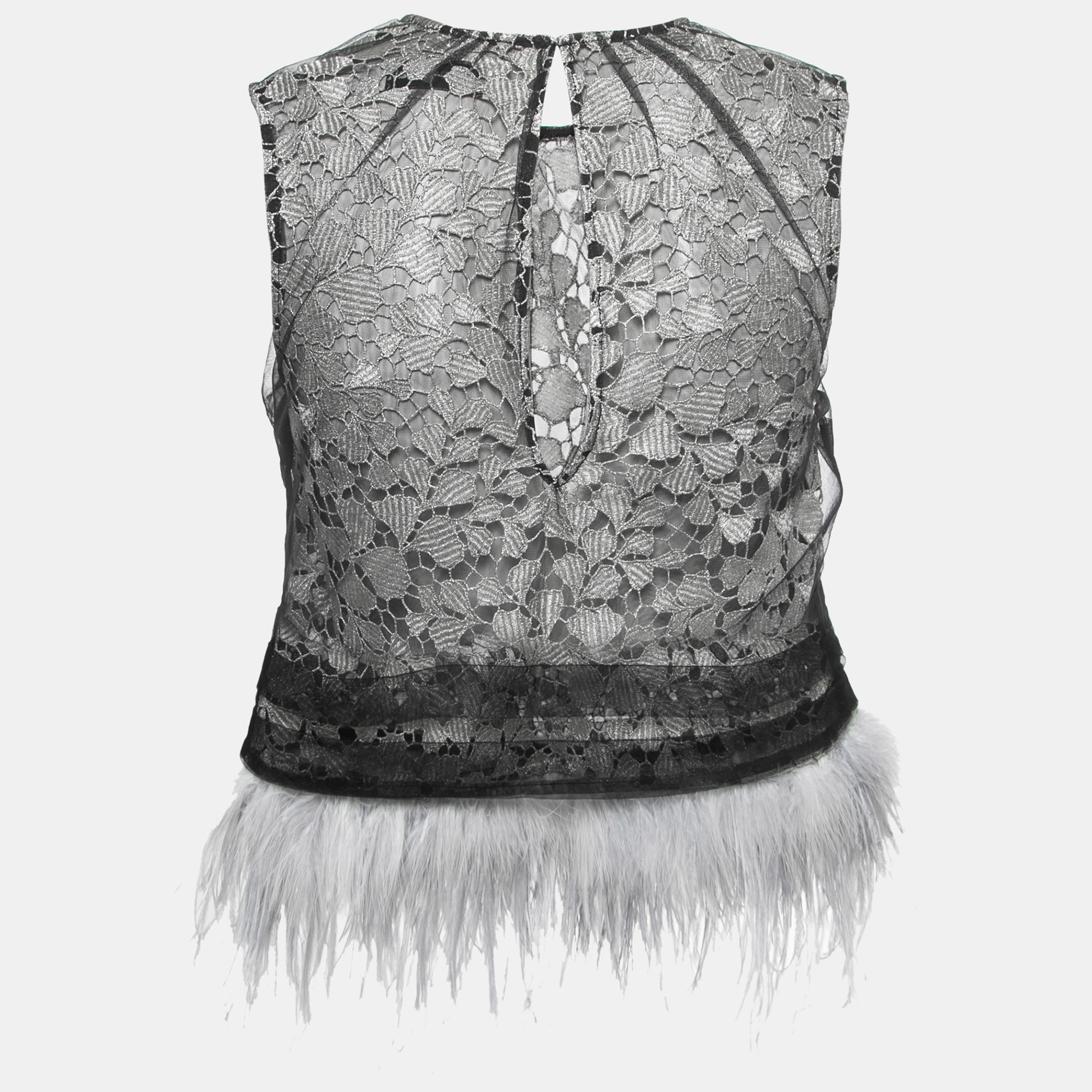 

Self-Portrait Black Lace Tulle Overlay Feather Trim Top