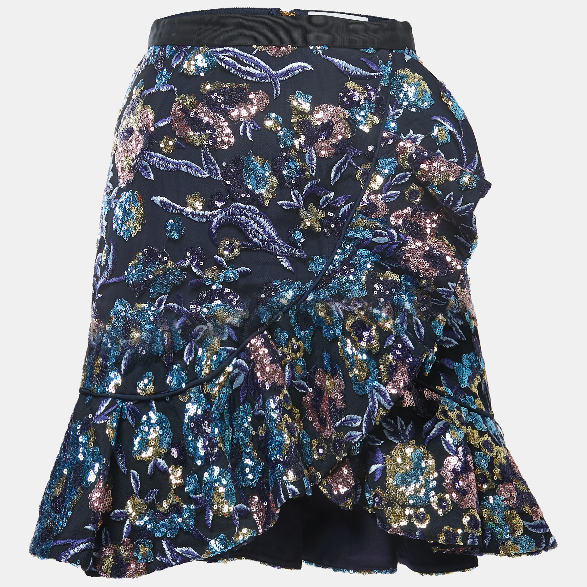 Pre-owned Self-portrait Blue Floral Sequined Ruffled Mini Skirt S