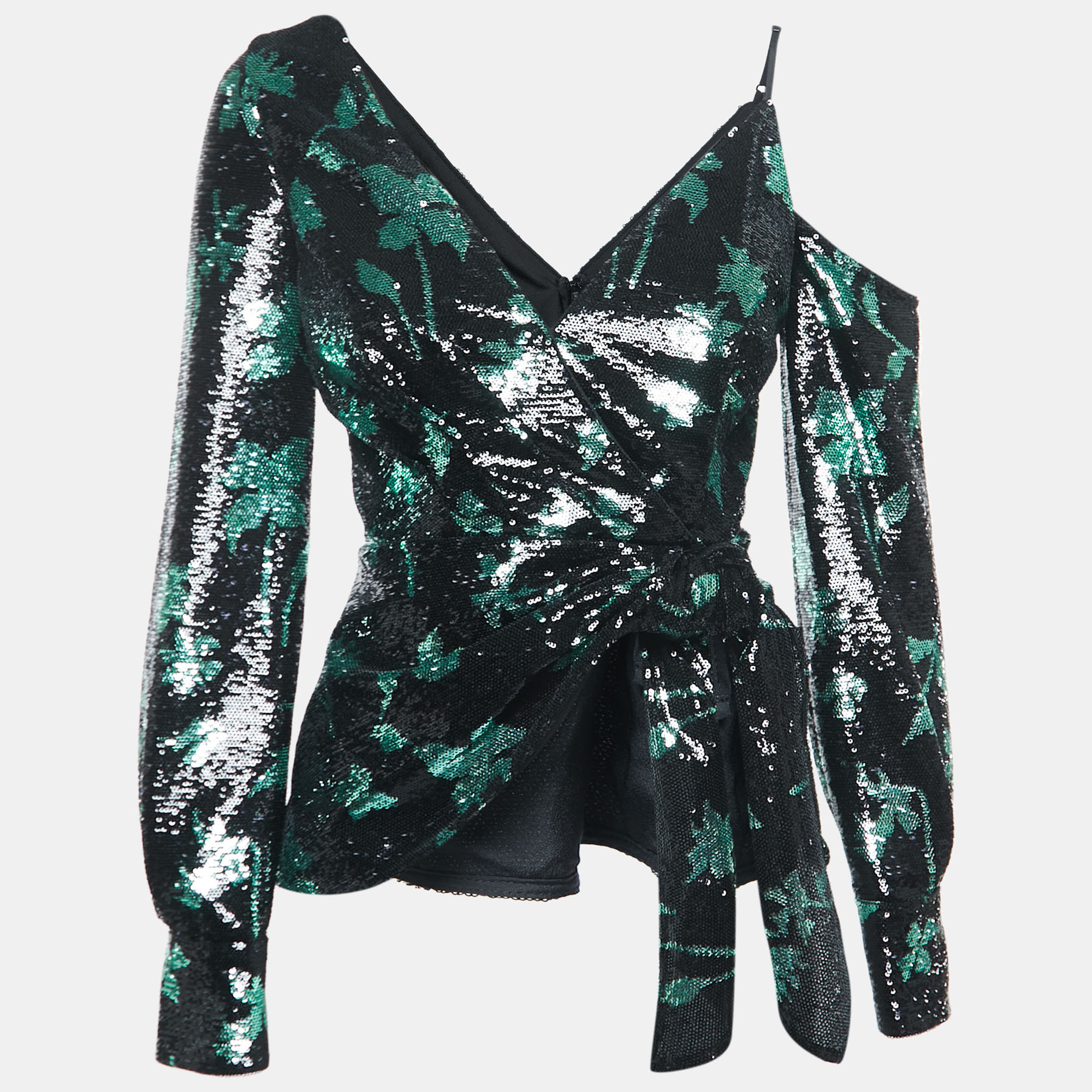 Pre-owned Self-portrait Black/green Leaf Sequined Nylon Tie Detail Long Sleeve Blouse S
