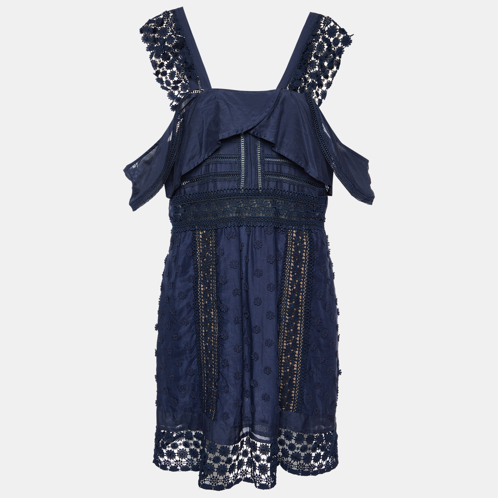 Pre-owned Self-portrait Navy Blue Lace Paneled Bluebell Midi Dress L