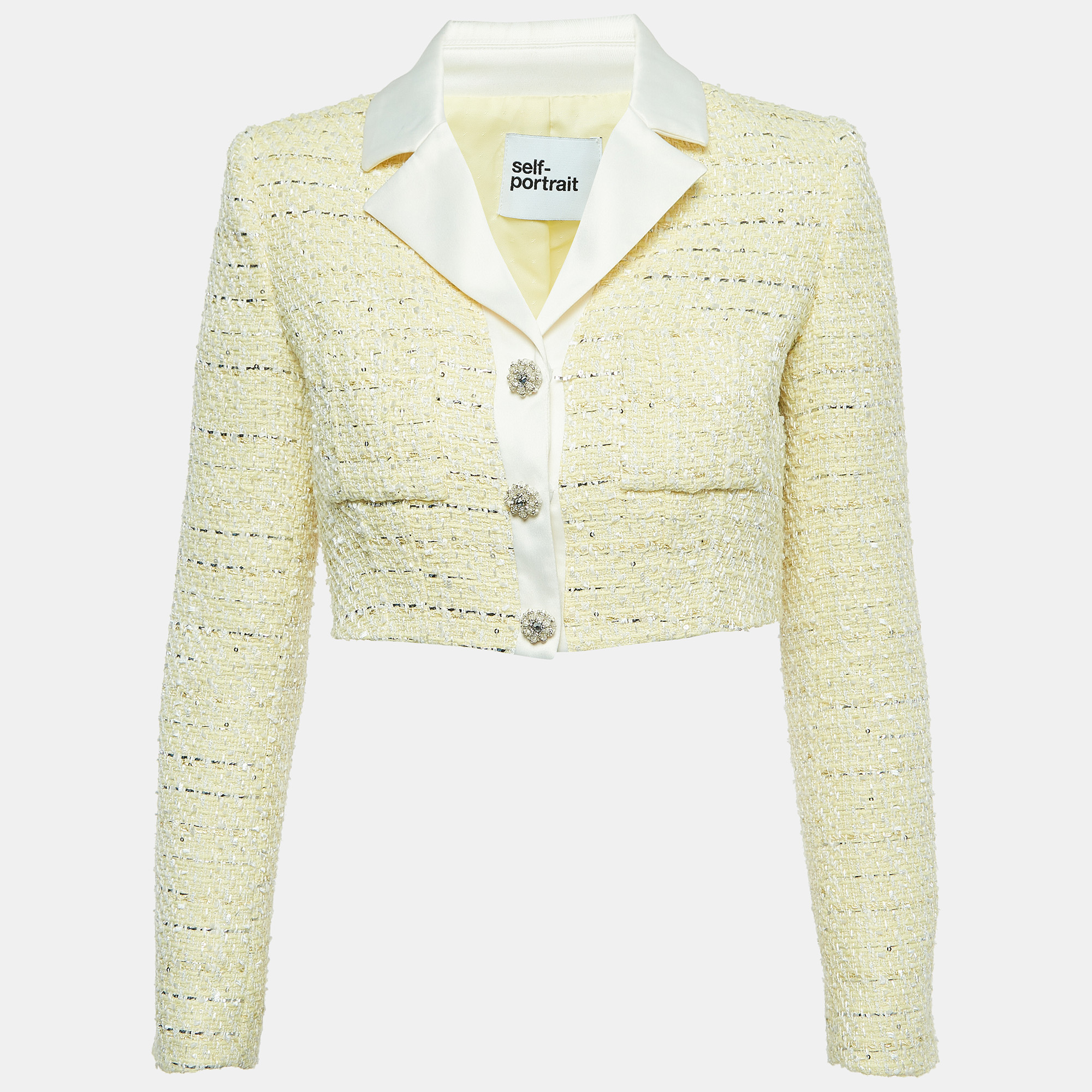 Pre-owned Self-portrait Yellow Boucle Tweed Buttoned Crop Blazer S