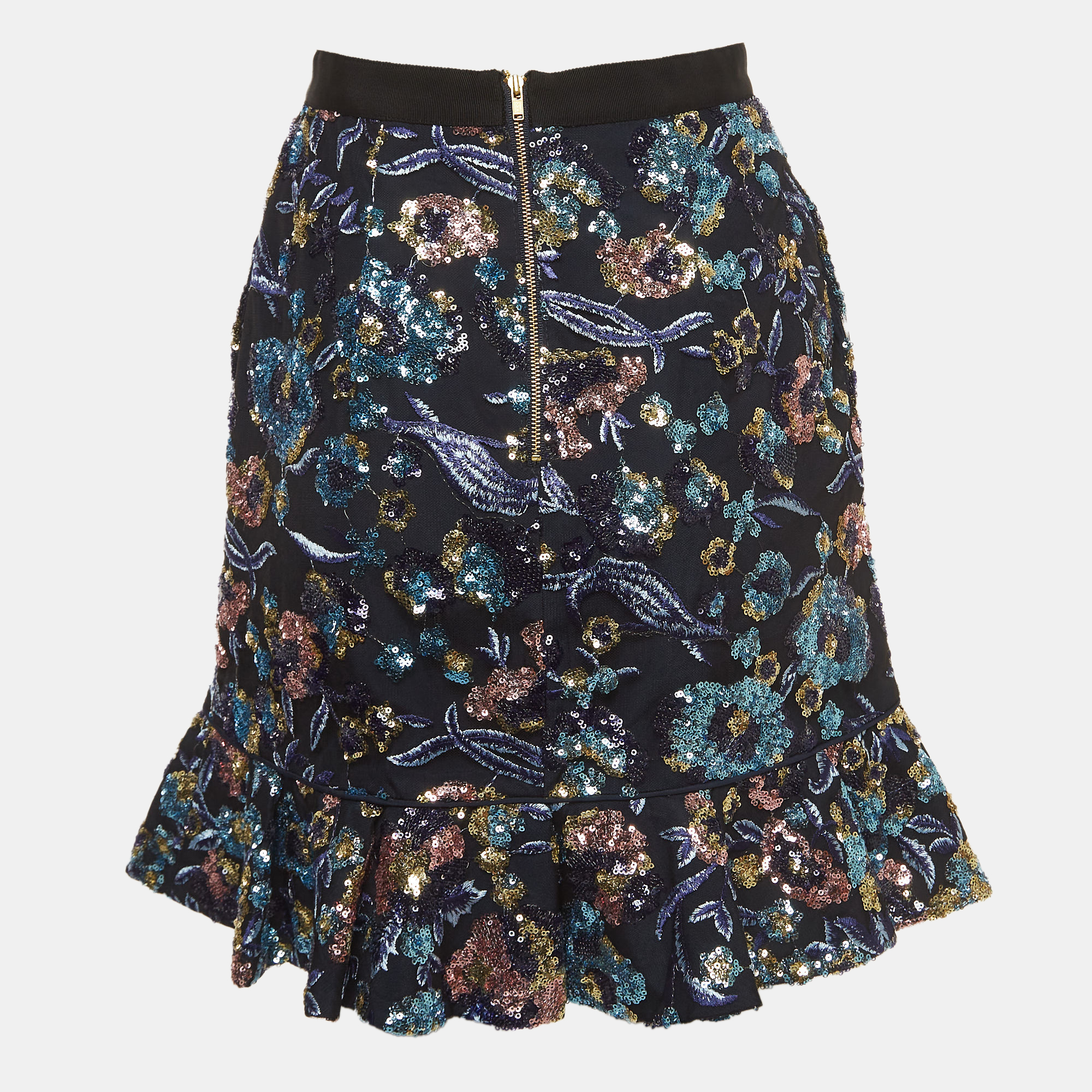 

Self-Portrait Navy Blue Floral Sequin Ruffled Mini Skirt