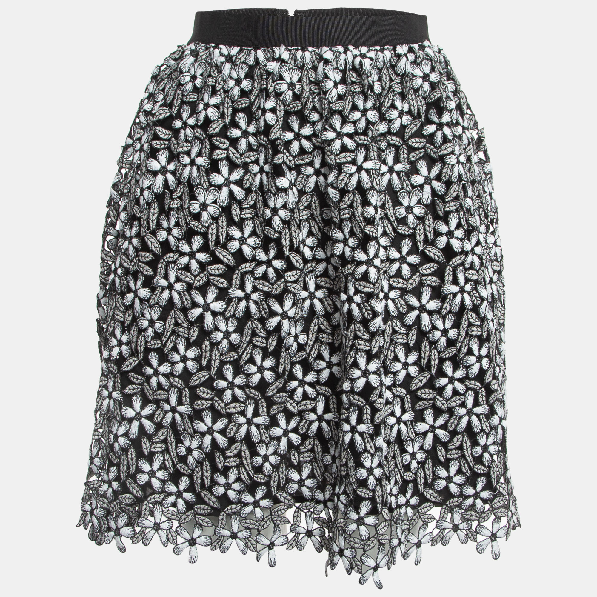 Pre-owned Self-portrait Black/white Floral Cut-out Lace Short Skirt S