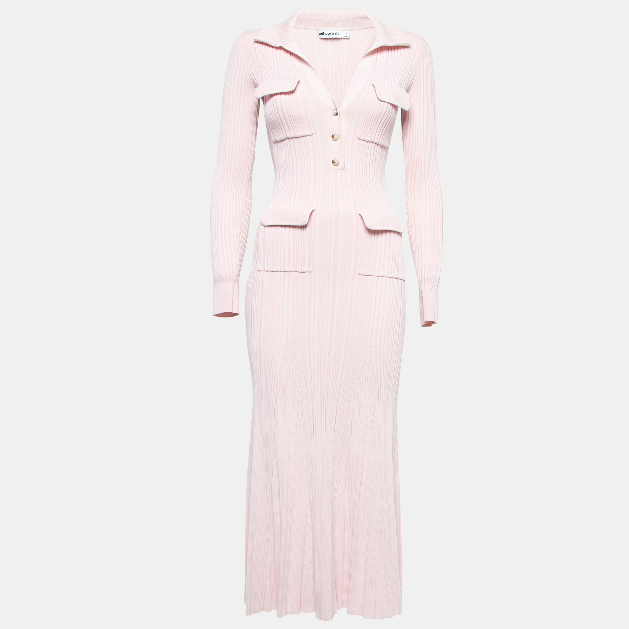 Pre Owned Self-Portrait Pink Viscose Rib Knit Midi Dress S