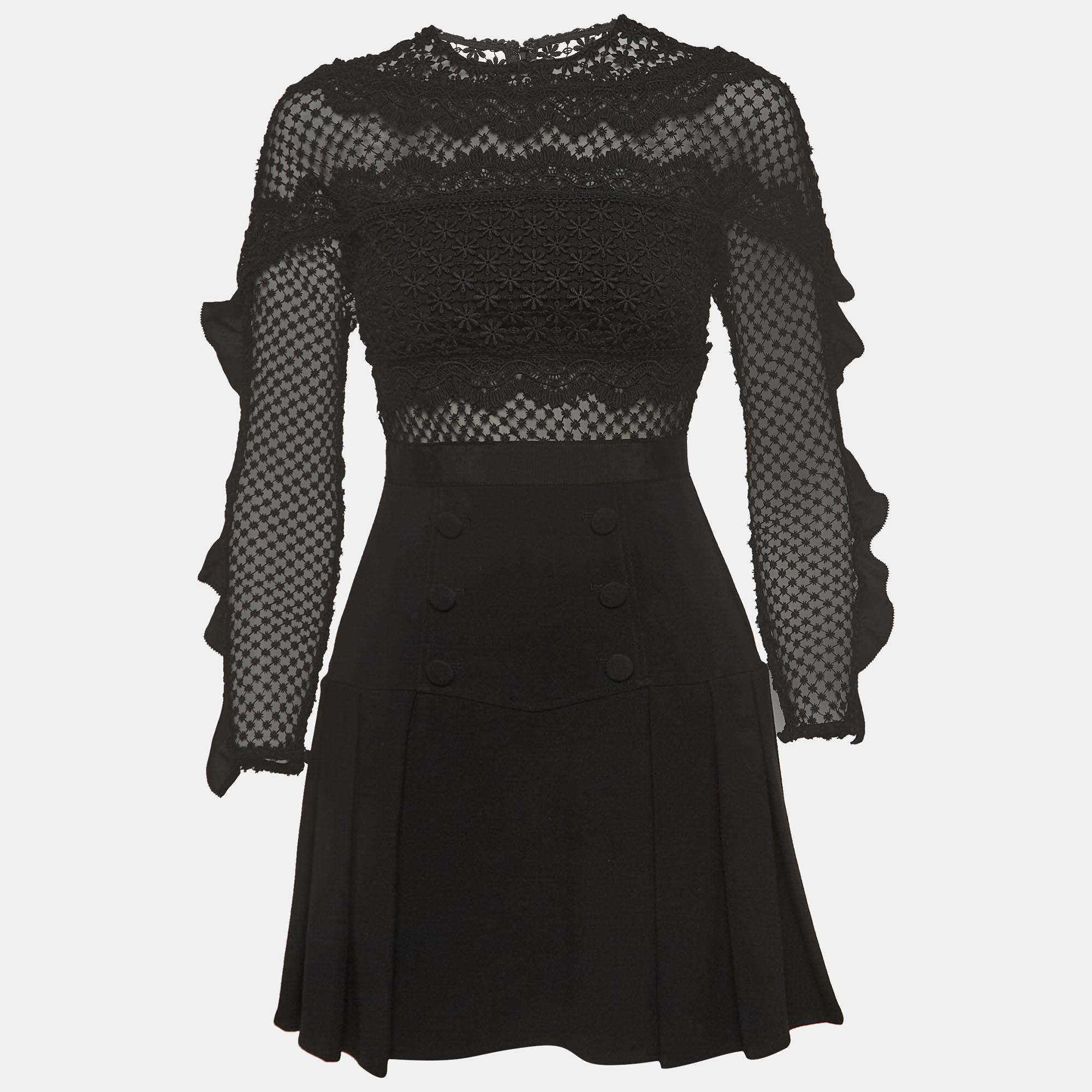 

Self-Portrait Black Bellis Lace and Crepe Ruffled Mini Dress S