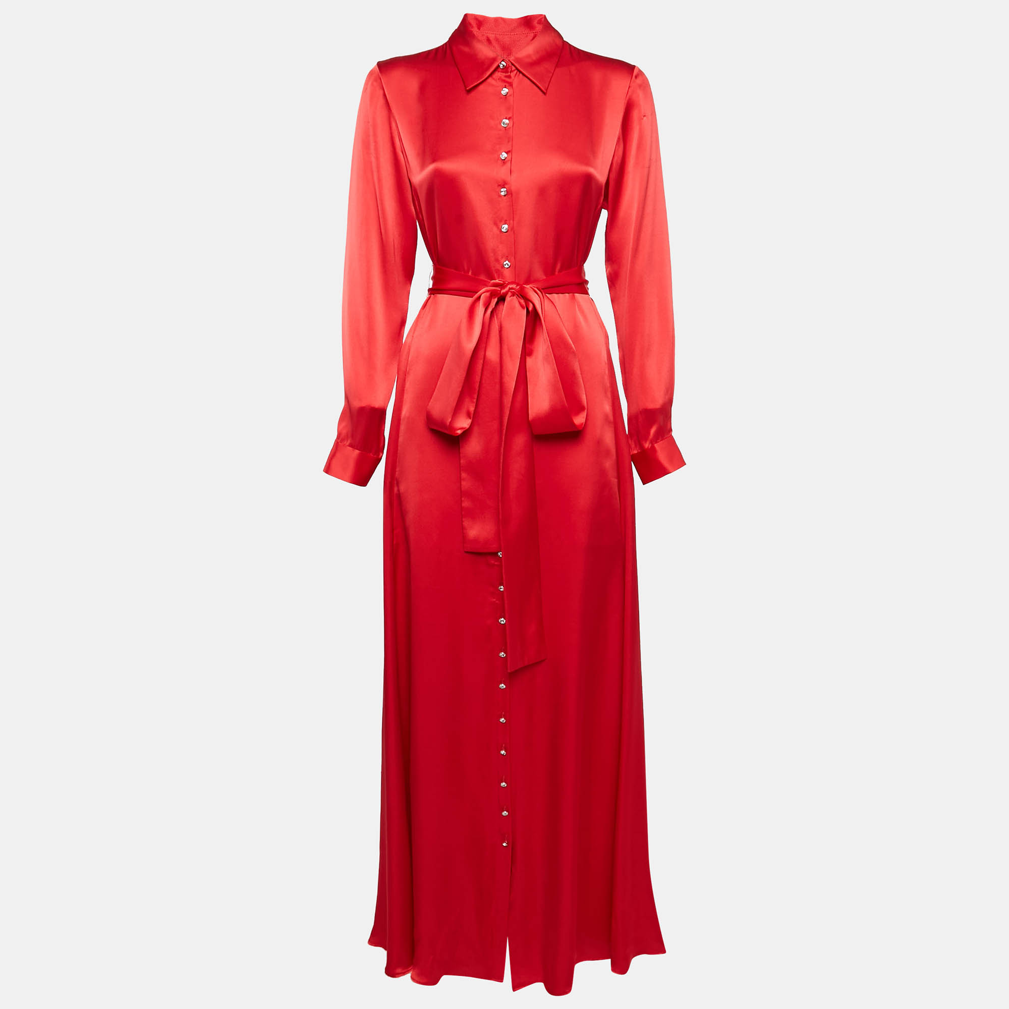 

Semsem Red Satin Silk Button Front Belted Maxi Dress S