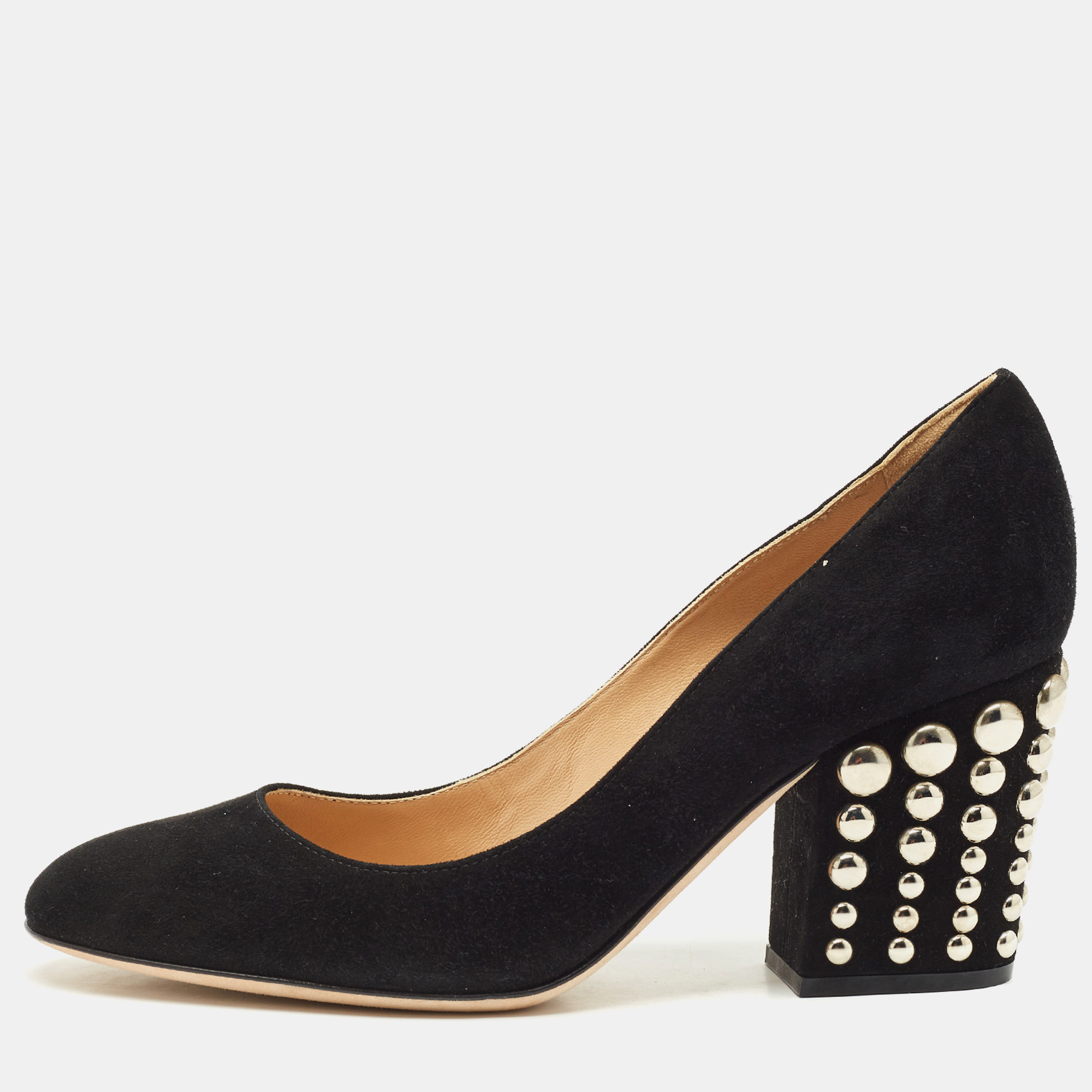 

Sergio Rossi Black Suede Studded Block Heel Pumps Size