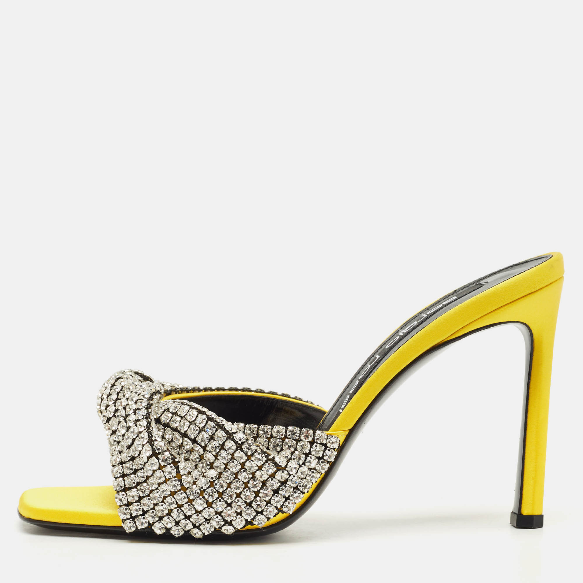 Pre-owned Sergio Rossi Yellow Satin Evangelie Crystal Embellished Slide Sandals Size 38