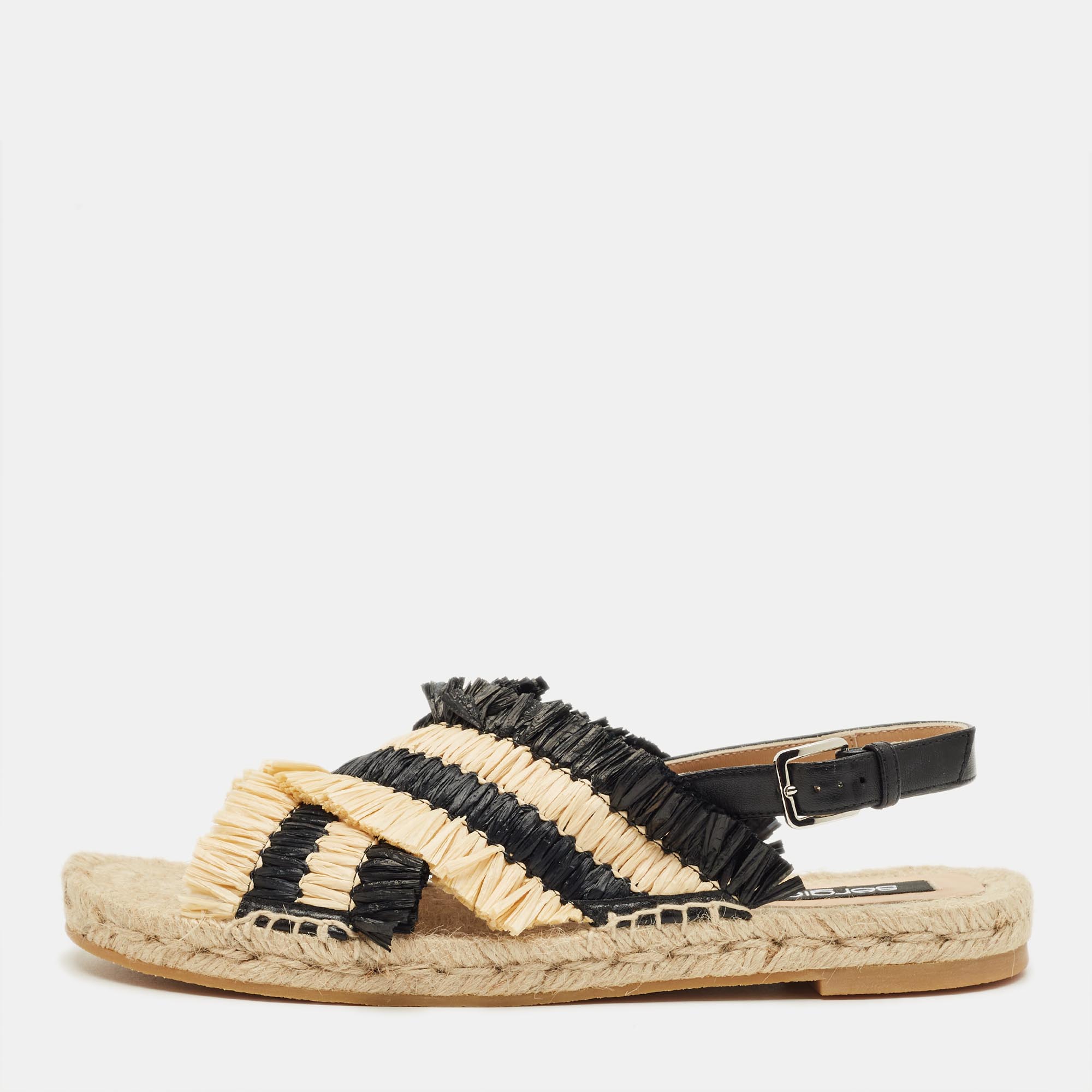 Sergio Rossi Beige/Black Raffia and Leather Kauai Espadrille Sandals Size 41