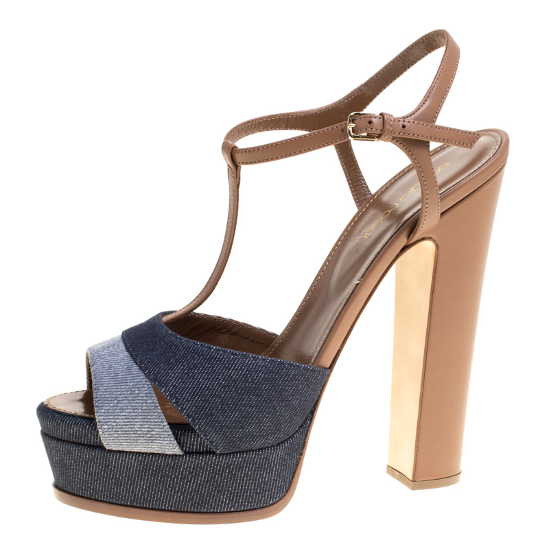 

Sergio Rossi Brown/Blue Denim and Leather Platform Sandals Size