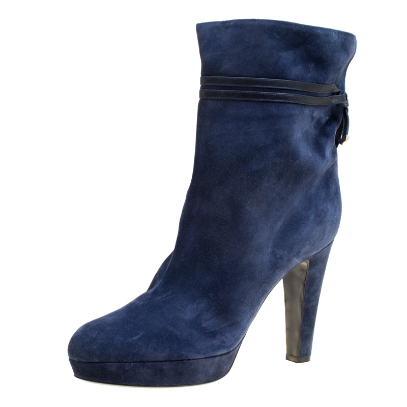 Pre Owned حذاء بوت سيرجيو روسي نعل سميك سويدي أزرق داكن مقاس 41