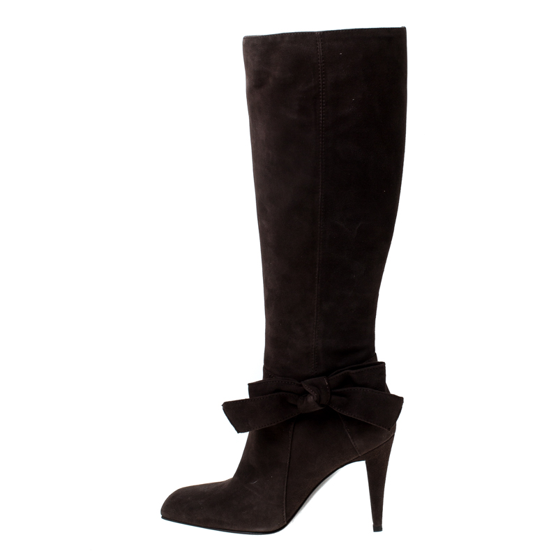 

Sergio Rossi Dark Brown Suede Bow Knee High Boots Size