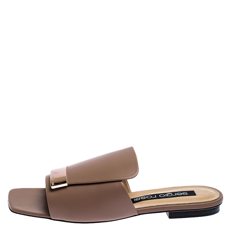 

Sergio Rossi Beige Nude Leather SR1 Slide Flats Size