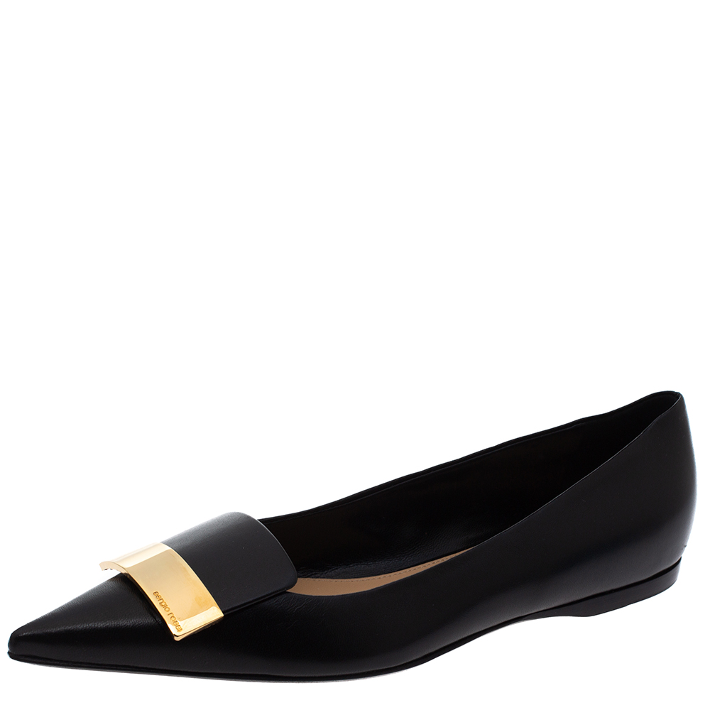 مملوكة مسبقًا Sergio Rossi Black Leather Metal Plate Detail Pointed Toe Ballet Flats Size 40