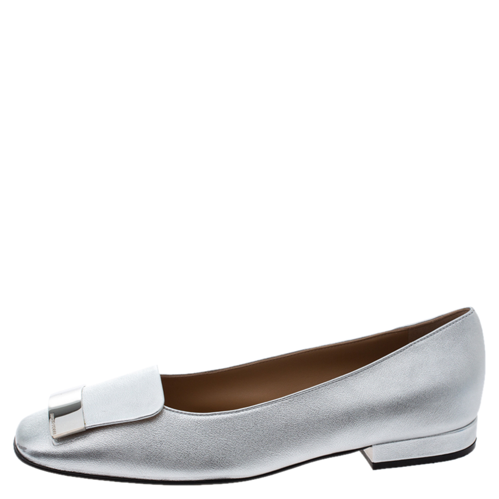 

Sergio Rossi Silver Leather sr1 Metal Plate Detail Square Toe Ballet Flats Size