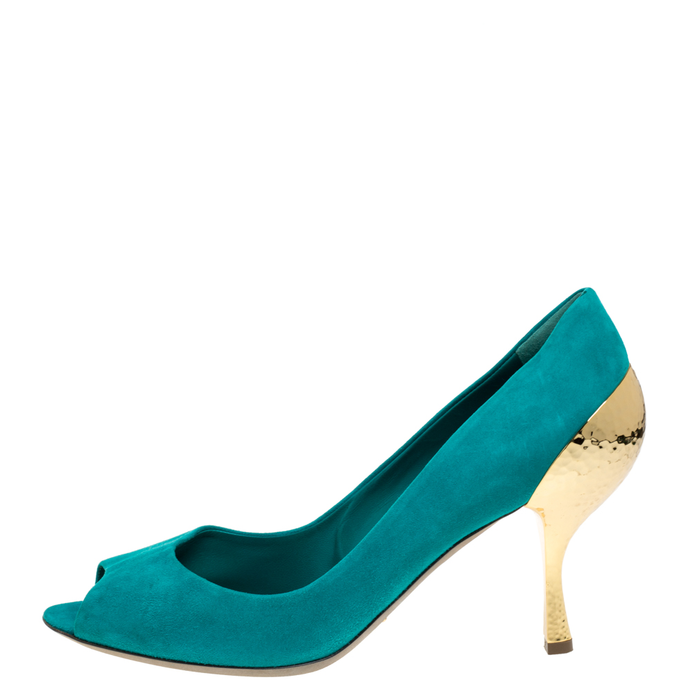 

Sergio Rossi Green Suede Golden Heels Peep Toe Pumps Size