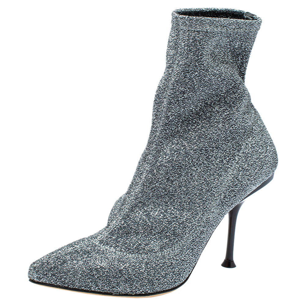 Pre-owned Sergio Rossi Silver Shimmery Knit Fabric Pointed Toe Ankle Boots Size 36