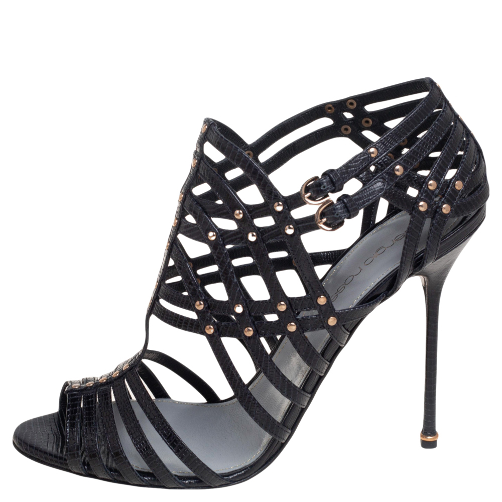 

Sergio Rossi Black Lizard Embossed Leather Caged Studded Sandals Size