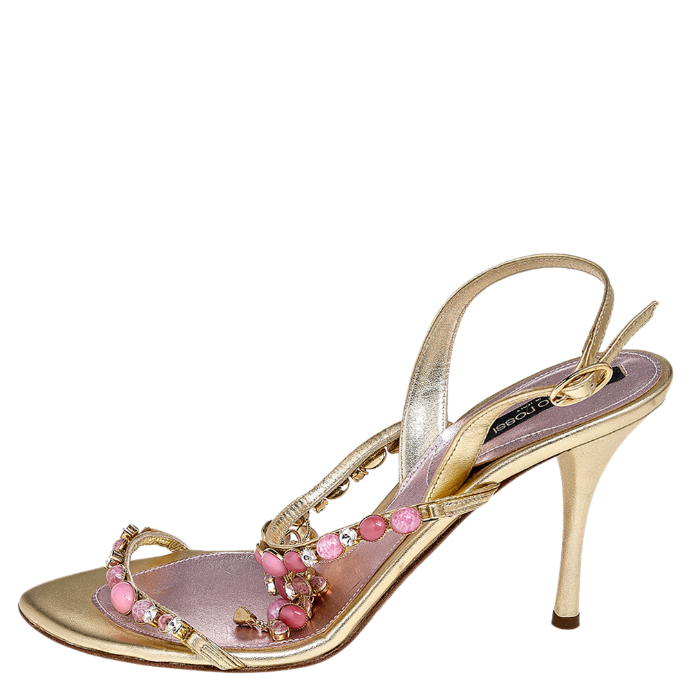 

Sergio Rossi Metallic Gold Leather Embellished Strappy Sandals Size