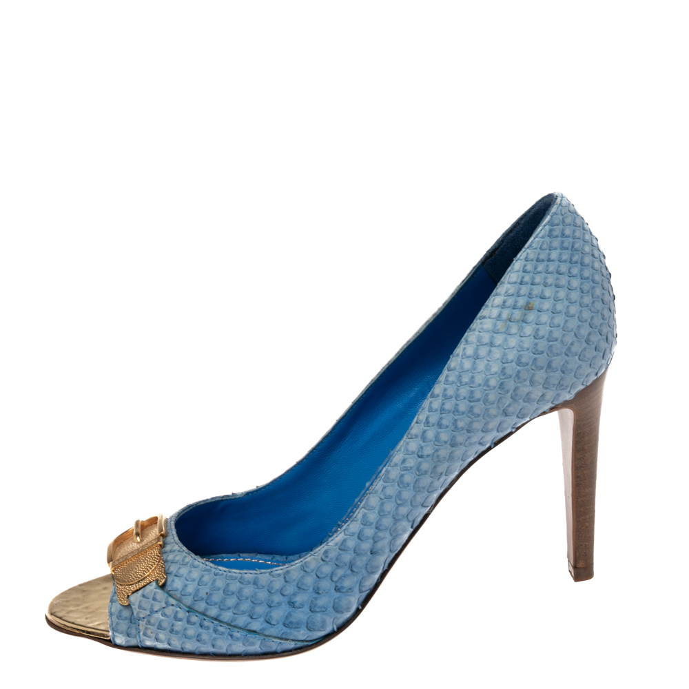 

Sergio Rossi Blue Python Leather Peep Toe Buckle Embellished Pumps Size